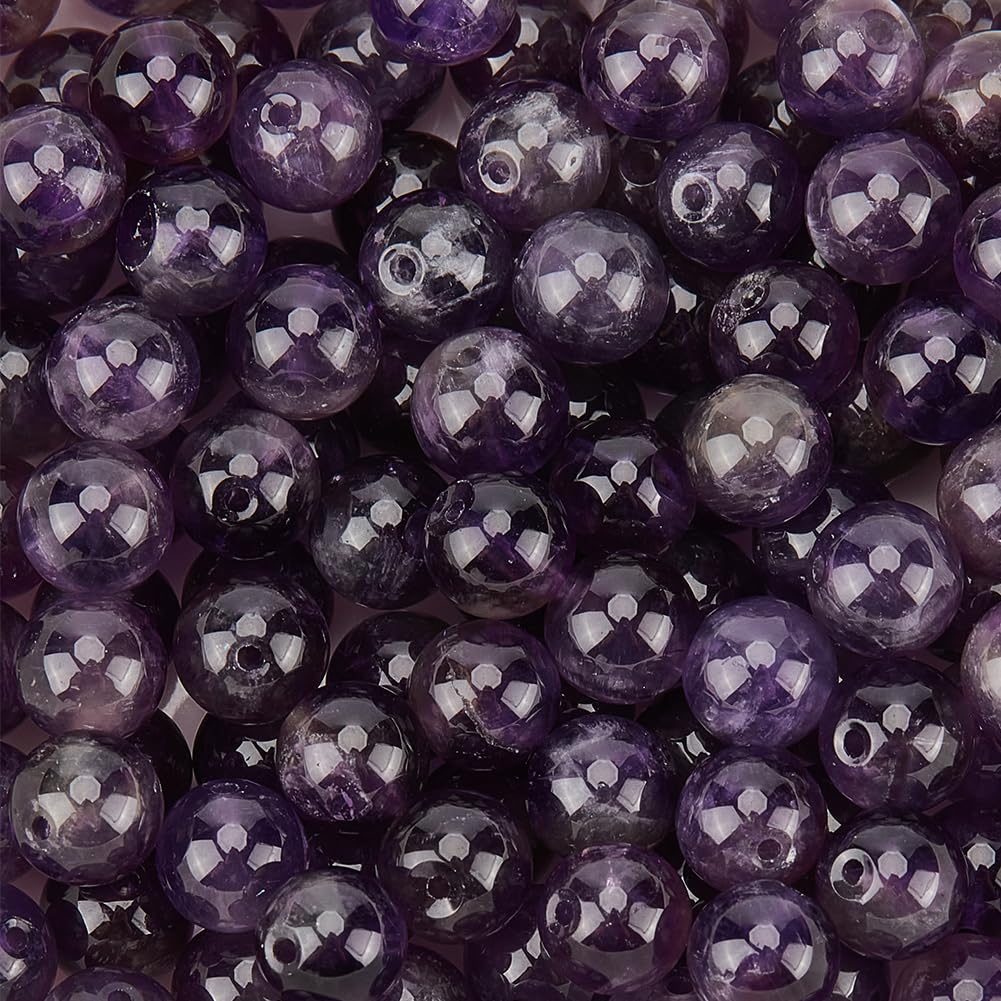 PONABEADIY 1 Box 6MM 120PCS Natural Amethyst Round Beads with Hole Purple Gemstone Smooth Loose Spacer Charms Bead Bulk for Jewellery Making Bracelets Energy Power Crystal Chakra Reiki DIY Crafts