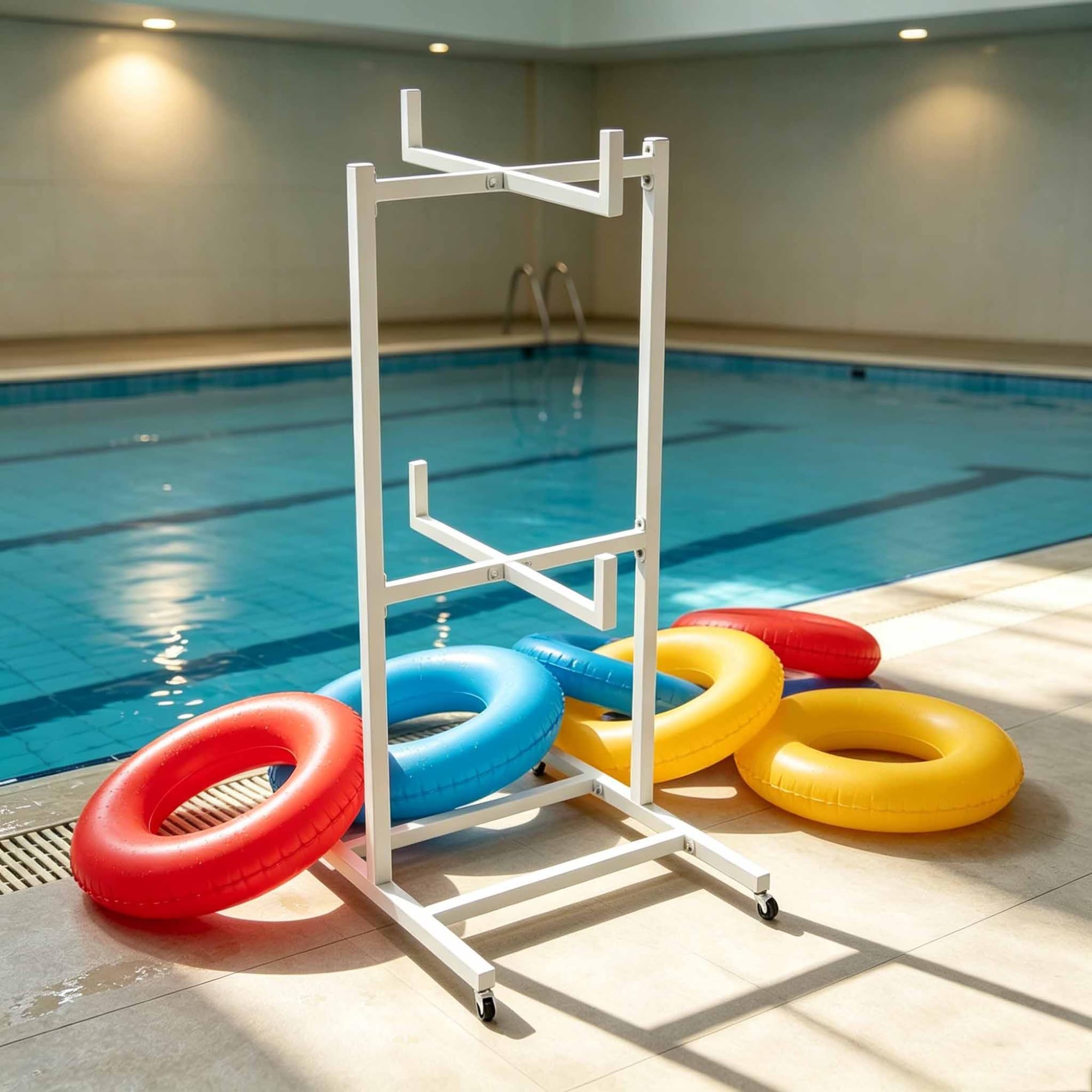 Organizzatore per piscina per galleggianti, supporto esterno bordo piscina | Porta asciugamani, stendibiancheria per attrezzatura da nuoto, 4 ruote universali