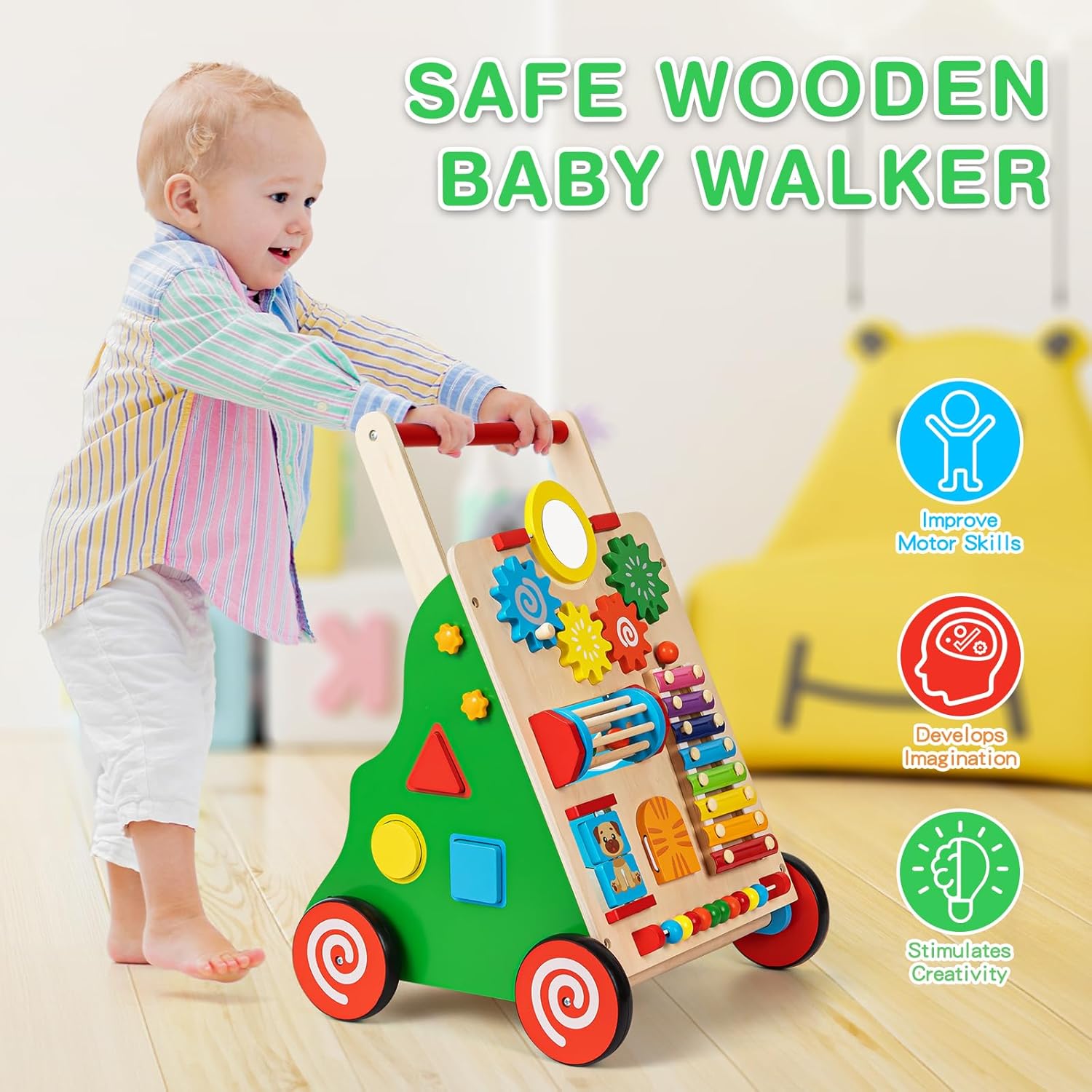 HUZU Wooden Baby Walker with Wheels, Montessori Push and Pull Activity Center for Toddlers, Adjustable Height & Speed, Learning Toy for 6-12 Months 1-3 Years Old Boys and Girls (Rainbow)