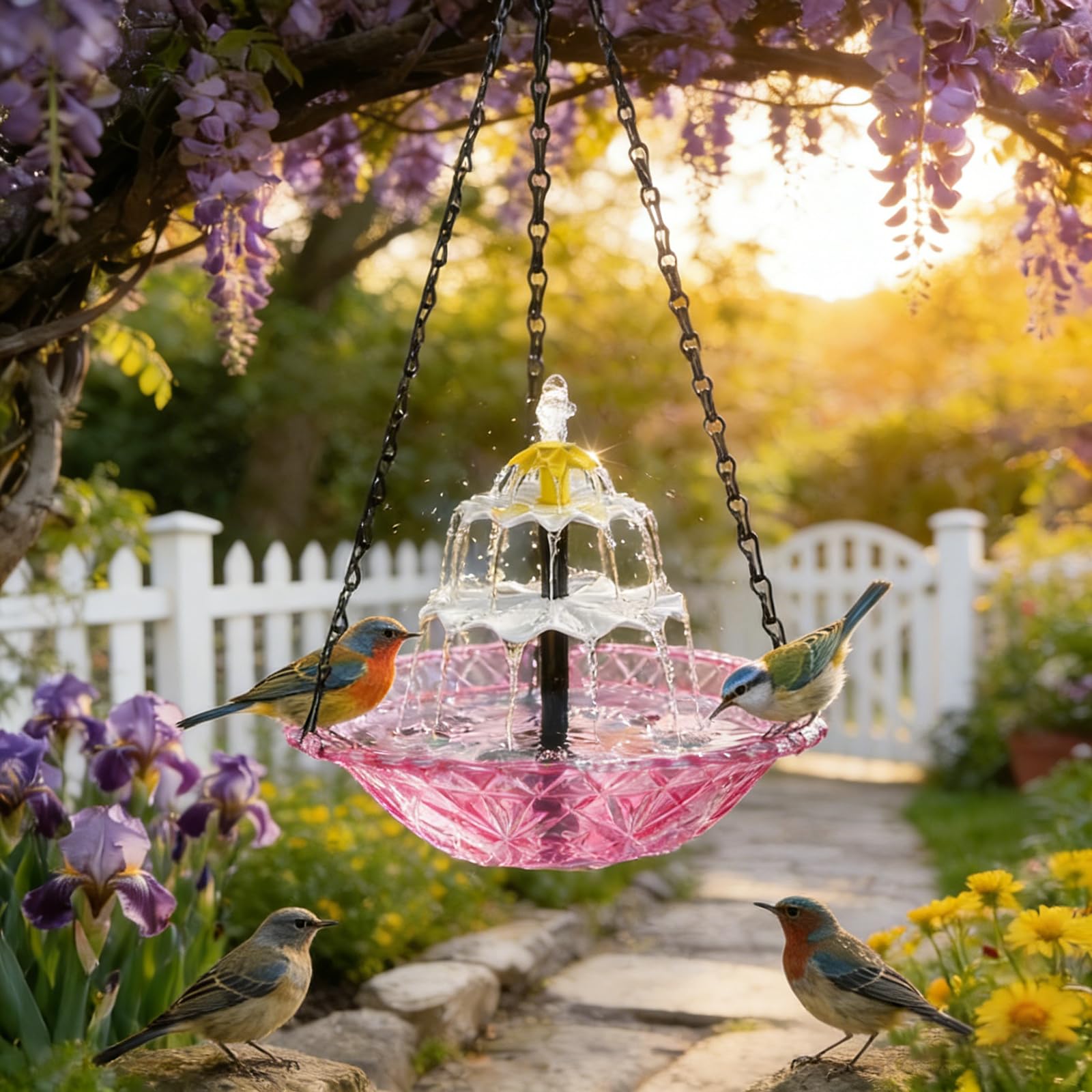 ZFFLYH Hanging Solar Bird Bath Fountain 3 Layers,Solar Cascade Hanging Bird Bath Fountain, Weatherproof & Easy To Maintain Attract Wild Birds To Garden, Patio,Pink