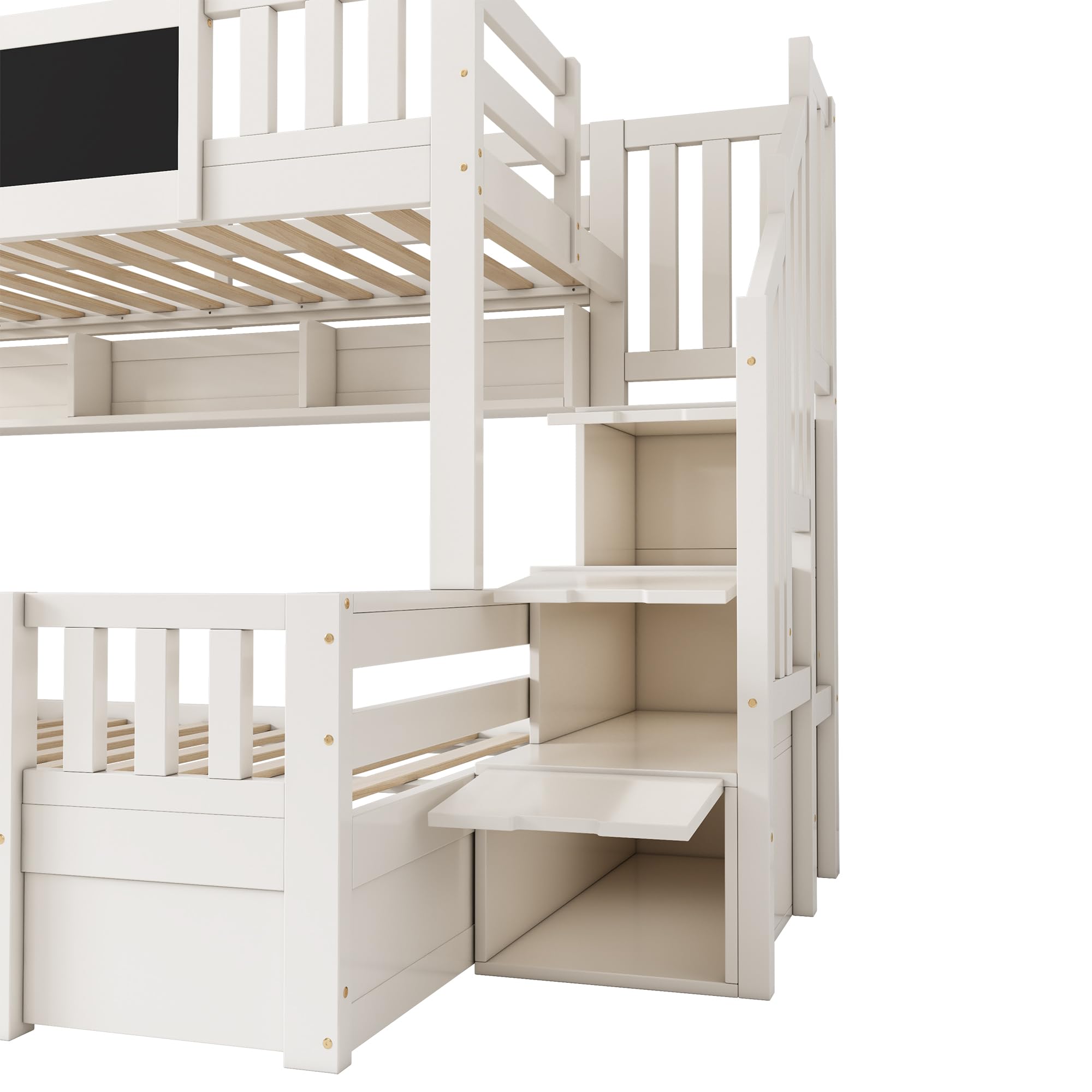 Letto a Castello per Bambini 90x200 e 140x200CM, Letto a Soppalco con Lavagna, Scaletta Portaoggetti, Cassetti e Scaffale Aperto a Tre Scomparti, Struttura del letto in Legno(Senza Materasso)
