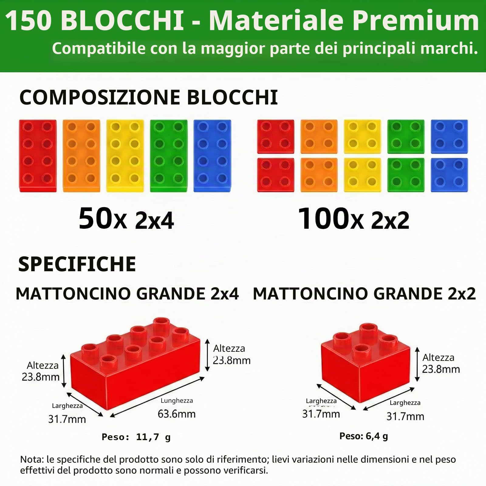Mattoncini Costruzioni per Bambini 3 4 5 6 Anni - Set da 150 Blocchi Grandi Compatibili - Building Blocks Educativi - Scatola Inclusa - ABS Sicuro.