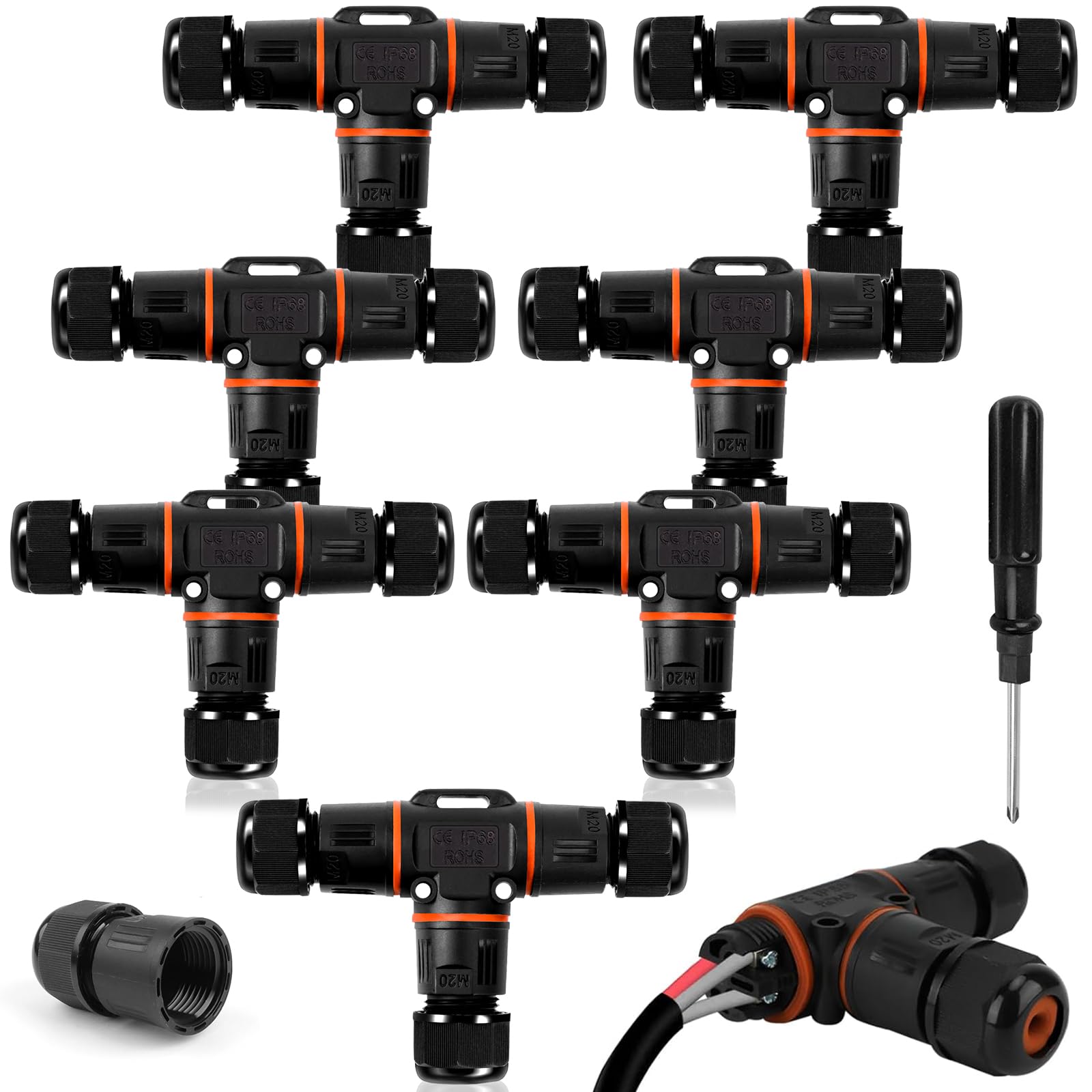 HIMOMO IP68 Waterproof 3-Way Junction Box, Screw-Type Outdoor Cable Connectors, Electrical Wire Protector Boxes for Cable Diameter 3mm-12mm, Includes 8 Connectors & 1 Screwdriver (8Pcs)