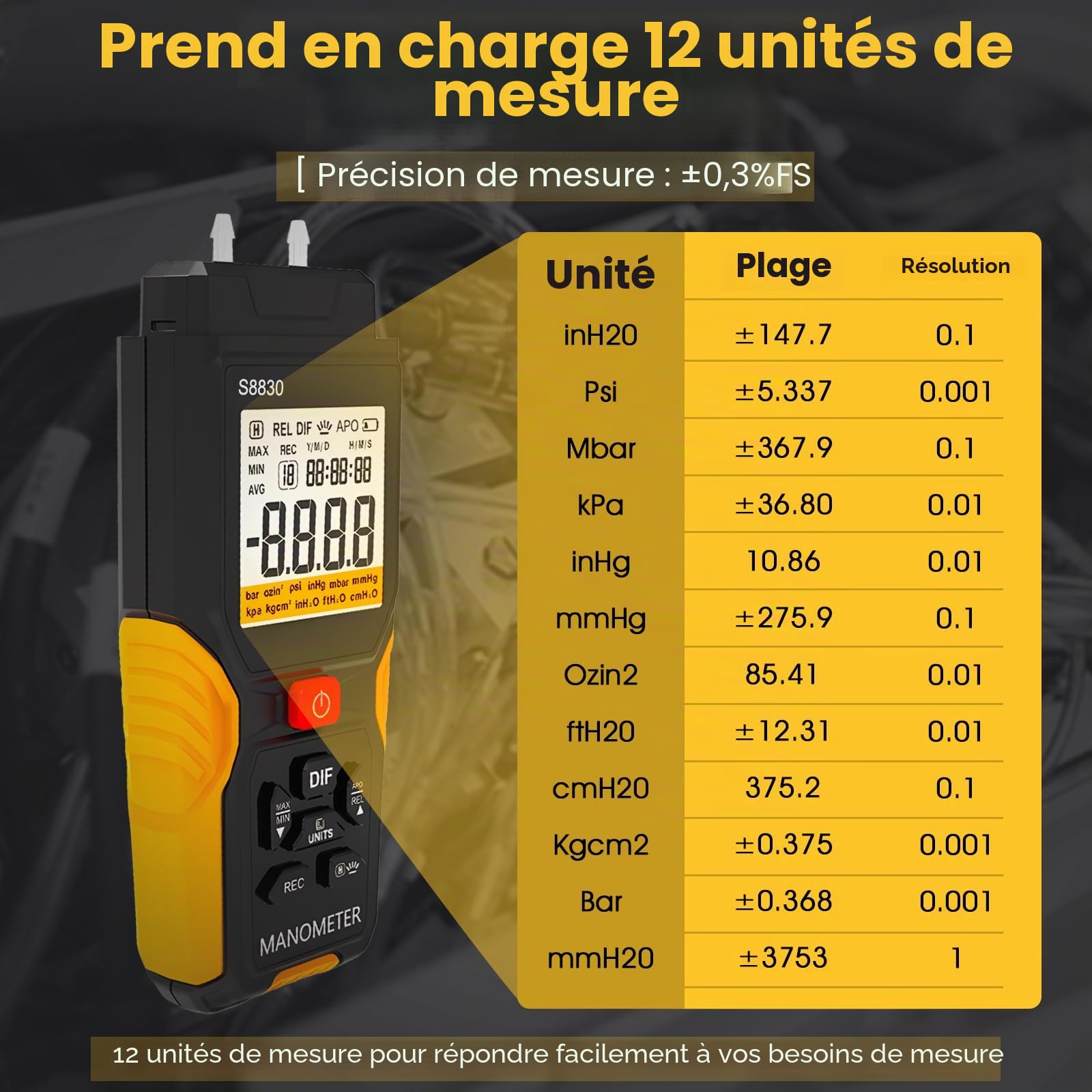 Manomètre Numérique Testeur de Pression Différentielle ± 36,80 KPa Résolution 0,1 12 Unités Jauge de Pression de Gaz HVAC Double Port avec Alarme de Surpression et Enregistrement des Données