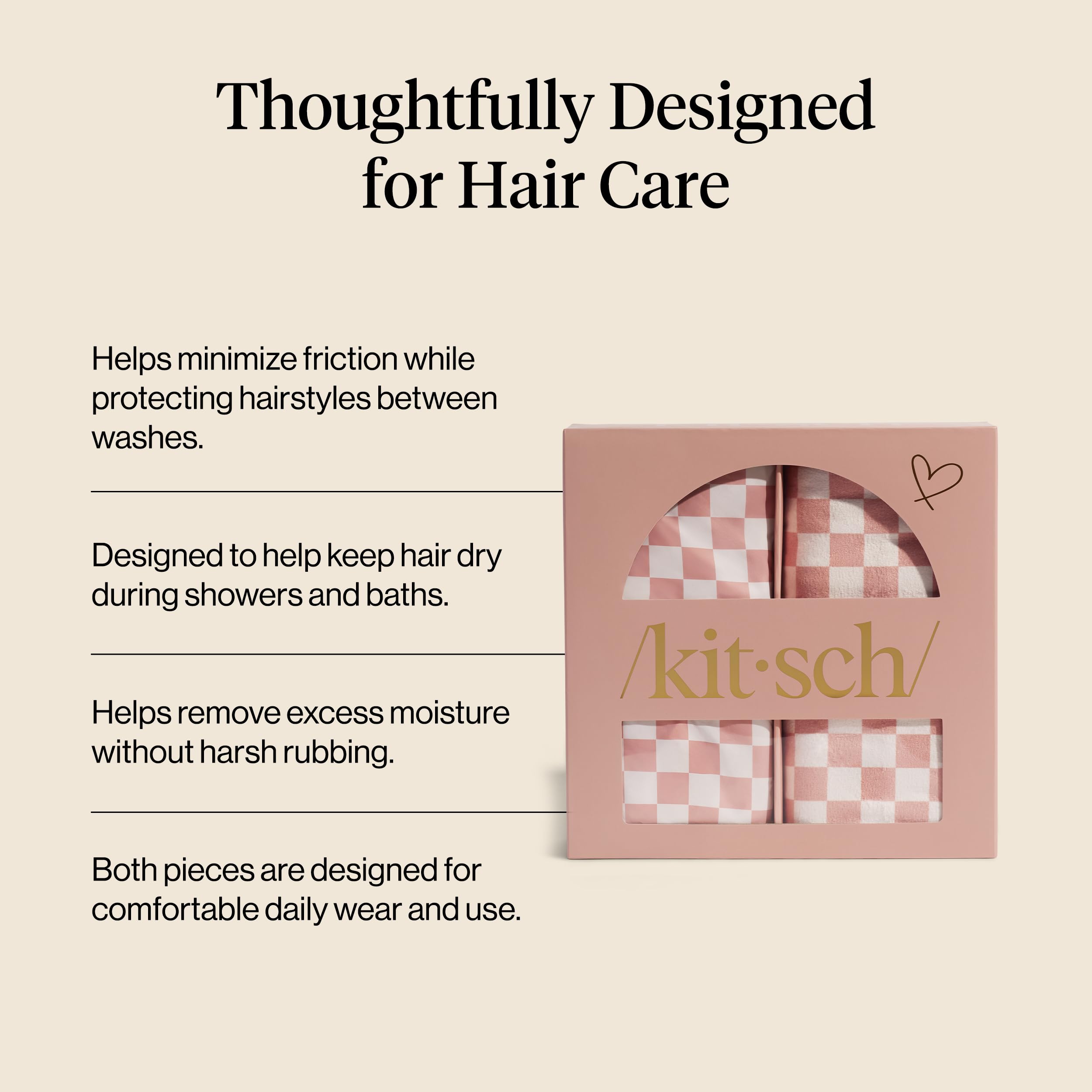Kitsch Serviette de cheveux en microfibre XL pour femme - Motif à carreaux blush