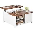 DWVO Farmhouse Lift Top Coffee Table w/Large Hidden Compartment, Lift Tabletop Dining Table for Living Room, White