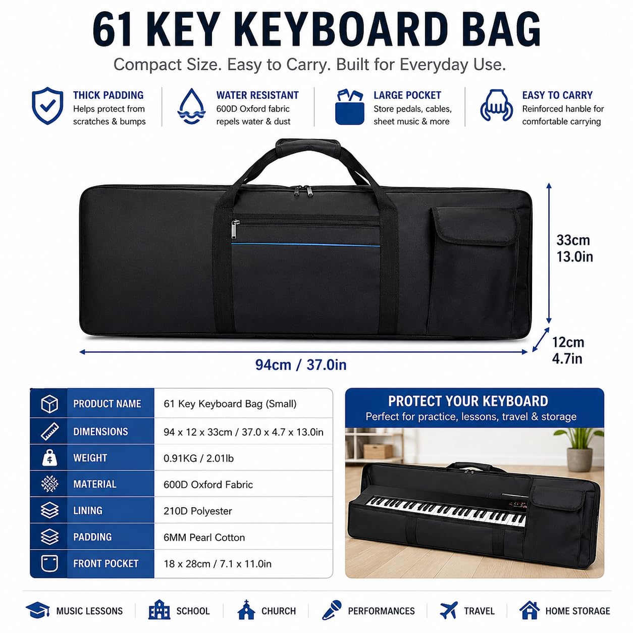 61 Key Keyboard Carrying Case, Padded Electronic Keyboard Bag with Large Storage Pocket, Portable Digital Piano Gig Bag with Shoulder Strap and Handle