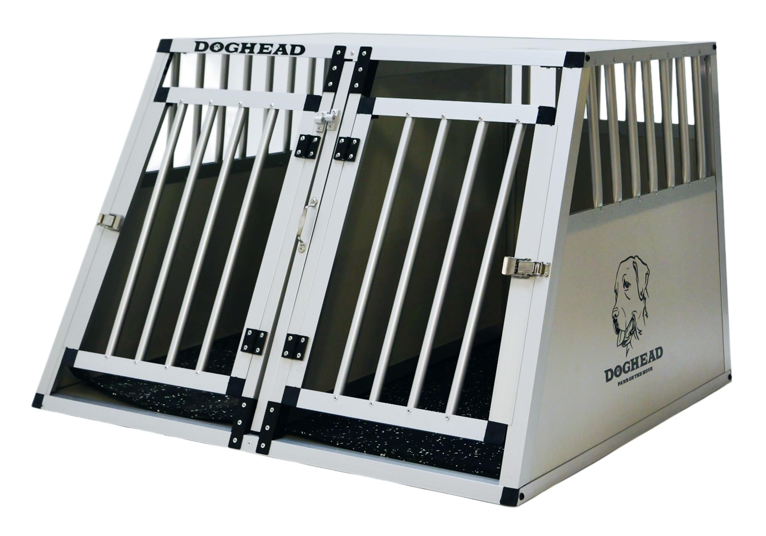 DOGHEAD Hundetransportbox Comfort, Double 95x85x63 cm EG, Grau/Silber, Aluminium, Vorne 65° Grad Winkel, hinten 90° Grad (gerade Rückwand), Trennwand mit Griff, für größere Kombis geeignet