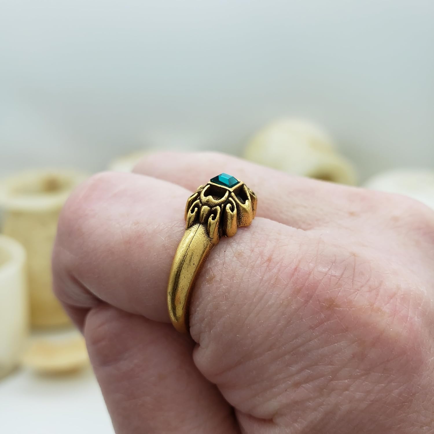 Ornate Adjustable Ring - Antiqued Gold-Plated Finish - Emerald Stone - Tudor Eworth Inspired