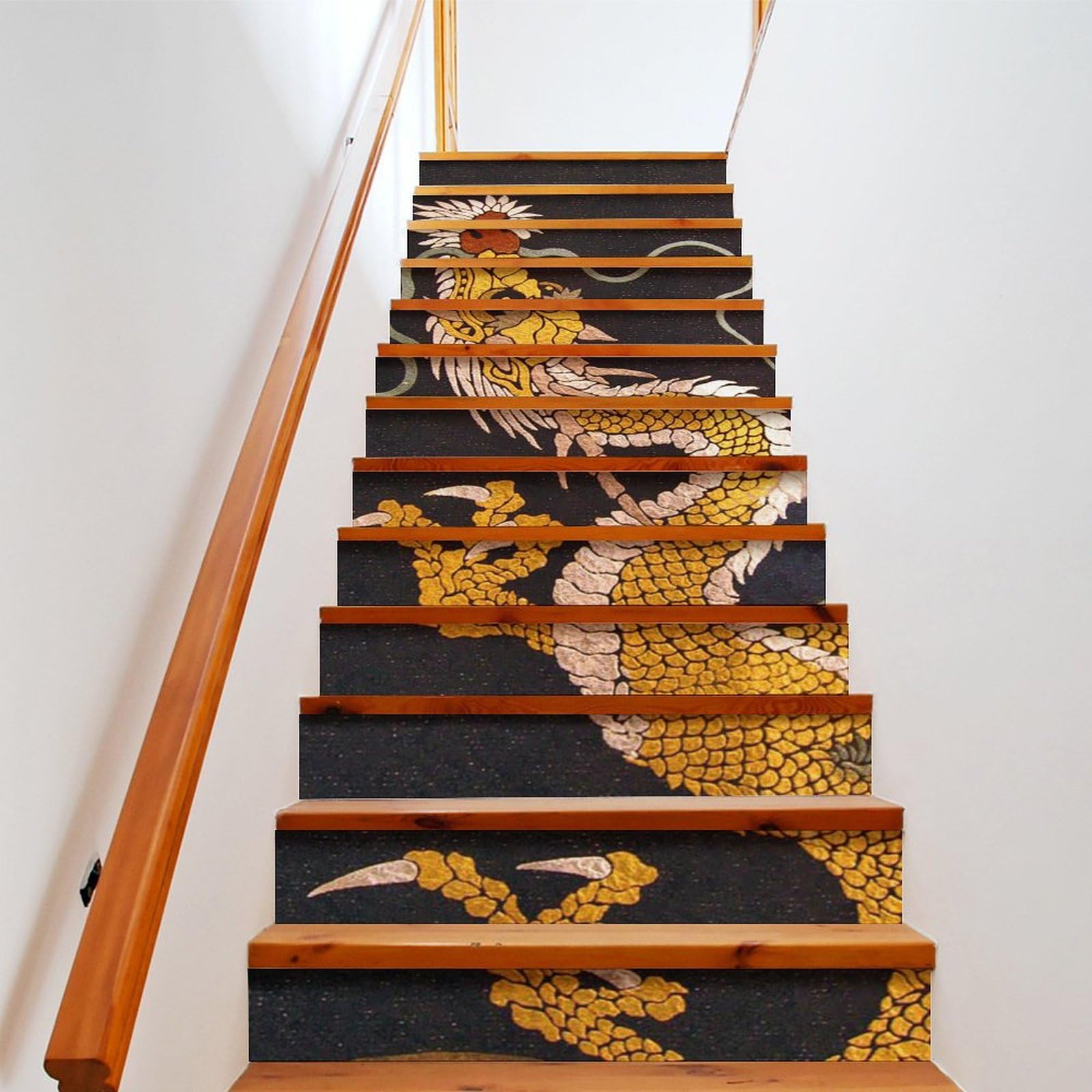 Stair Stickers Golden Dragon Japanese Style Starry Sky Mountains Wall Stickers for Stairs Wall Stickers Decorative Mural Stair Mural 13 / 26 Pieces Stain Resistant Waterproof Wall Paste Easy to Apply