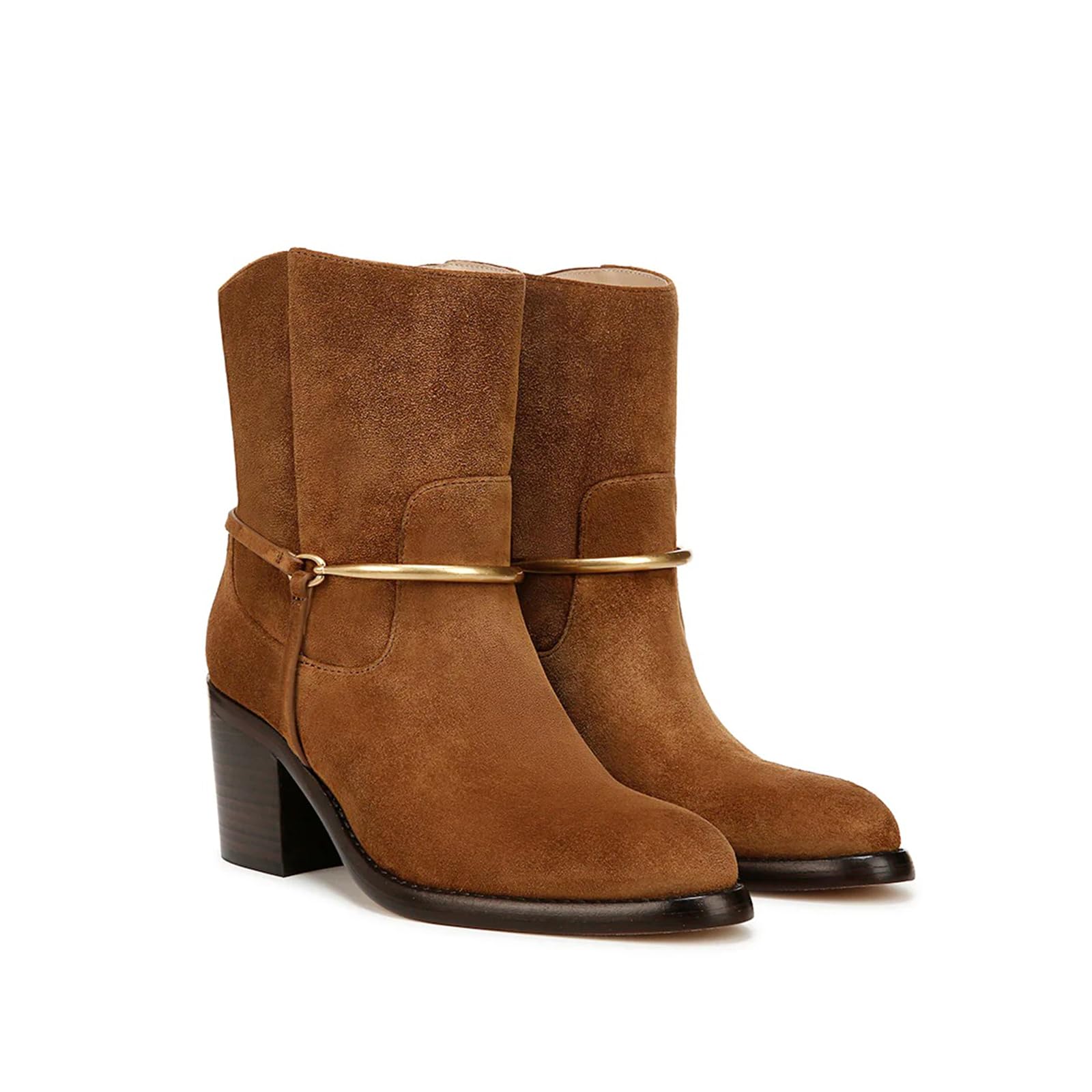 Womens Round Toe Suede Ankle Boots Wide Calf Chunky Block Heel Brown Boots with Gold Metal Pull on