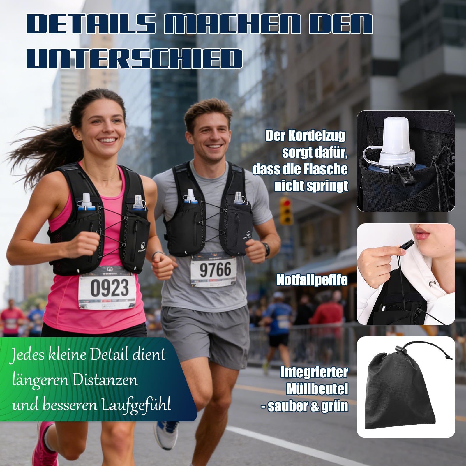 Laufweste Damen und Herren mit Zwei Trinkflaschen Verstellbarer Trinkrucksack mit Lauflicht für Nachtläufe Atmungsaktive Running Vest für Laufen Wandern Joggen Trailrunning