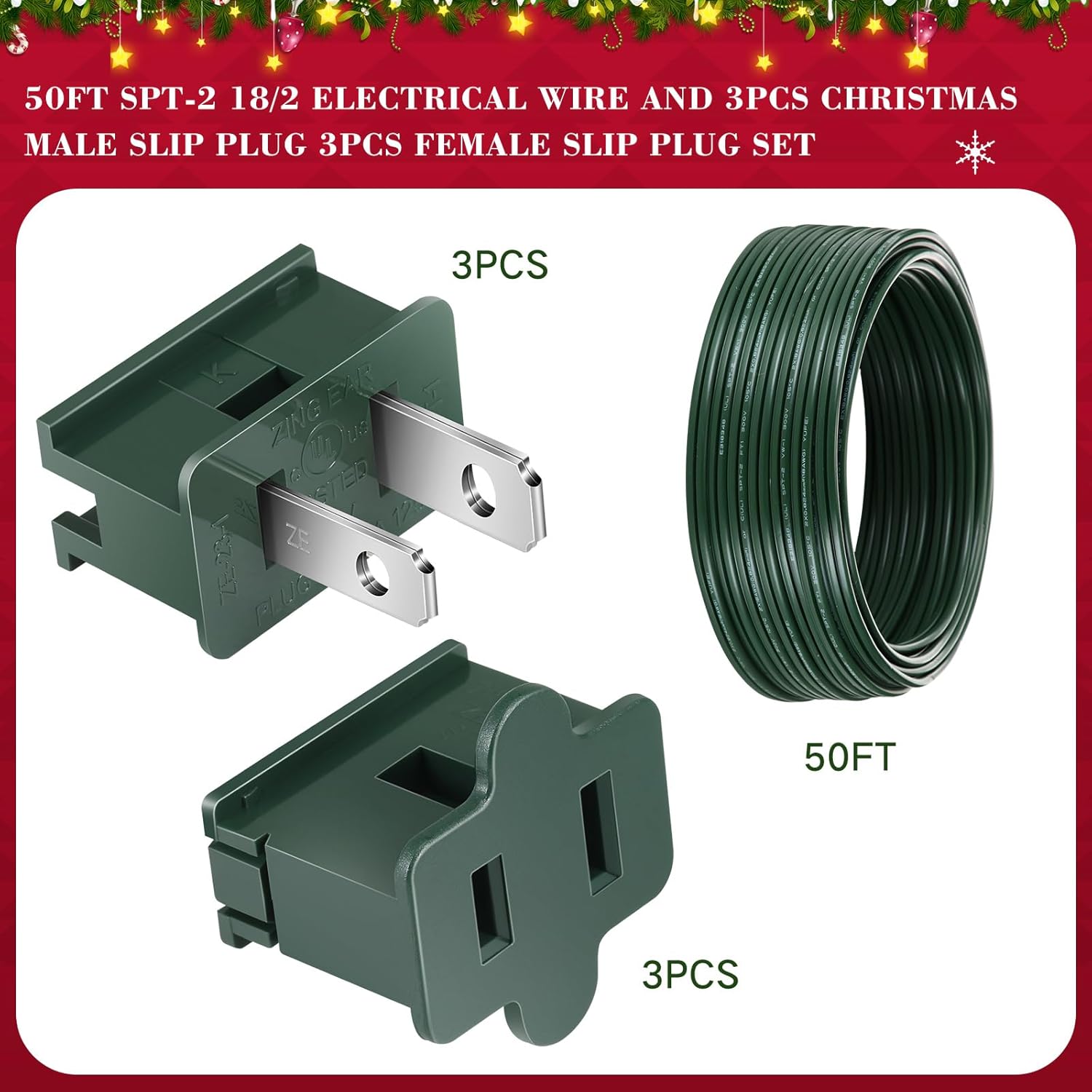 Relaxweex 18/2 Electrical Wire with Extra Vampire PlugsChristmas 18 Awg Extension Wire Landscape for Christmas Lights Outdoor Decoration(50 ft,SPT-2,Green)