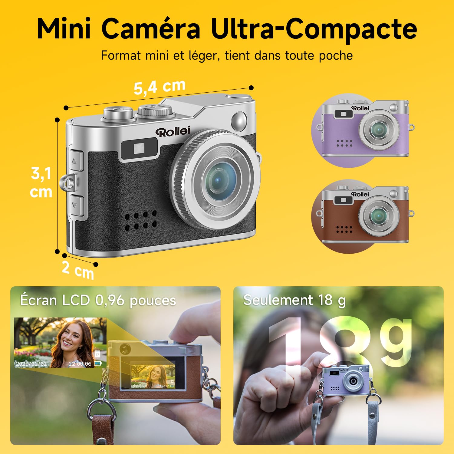 Rollei Mini Appareil Photo Numérique 1080P FHD 2MP avec Écran 0,96 pouces Flash Enregistrement Compact Vintage