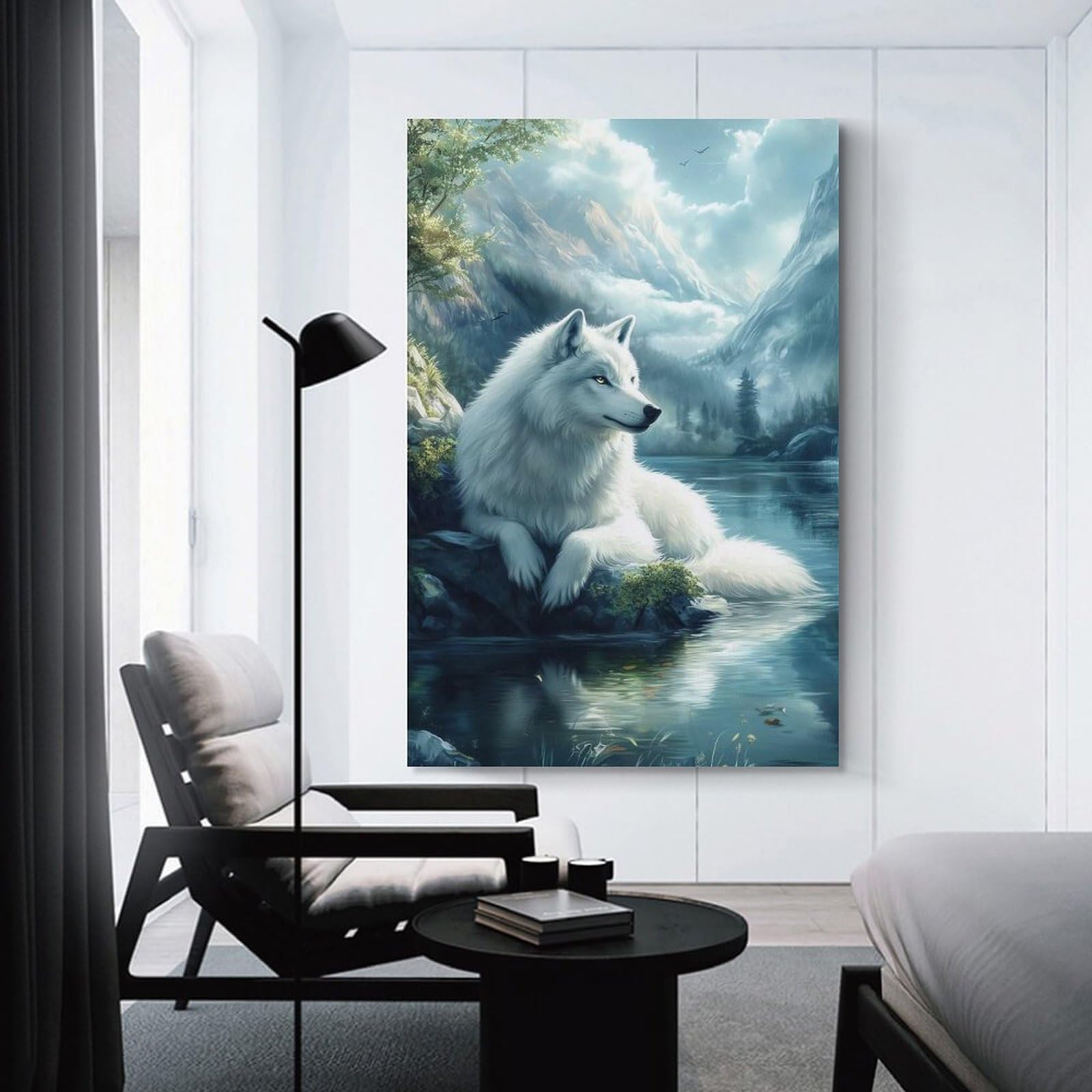 Junmoney Unframe-Style-21 White Wolf By The Lake Canvas Wall Decor, 20X30inch(50X75cm), For Wall Displays, Bedrooms Or Room Updates, Wall Decor Suited To Curated Displays
