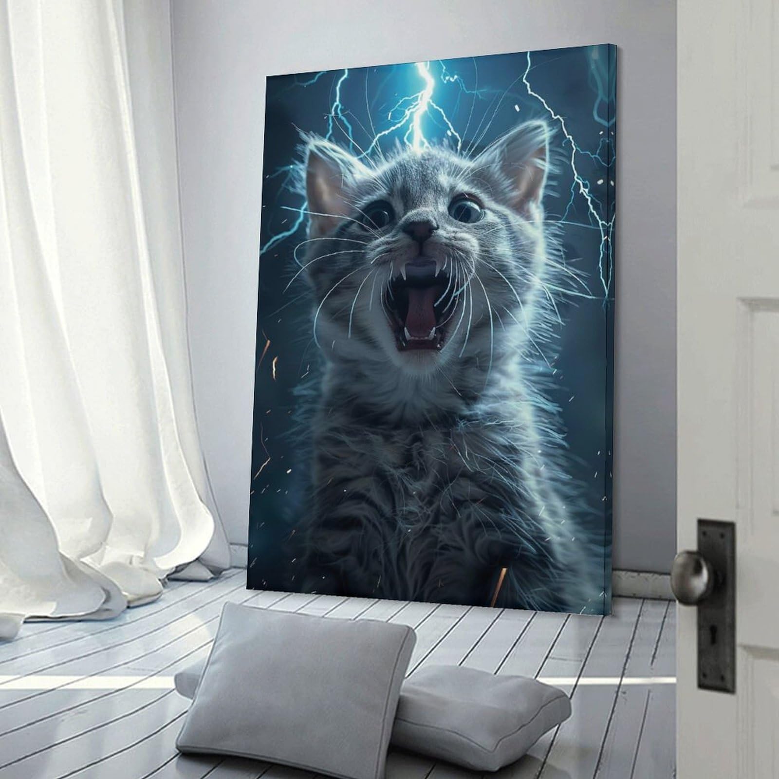 Junmoney Cat Lightning Canvas Wall Picture 20x30inch(50x75cm), for Living Spaces, Bedrooms Or Relaxed Rooms, Modern Wall Decor for Cosy Interiors