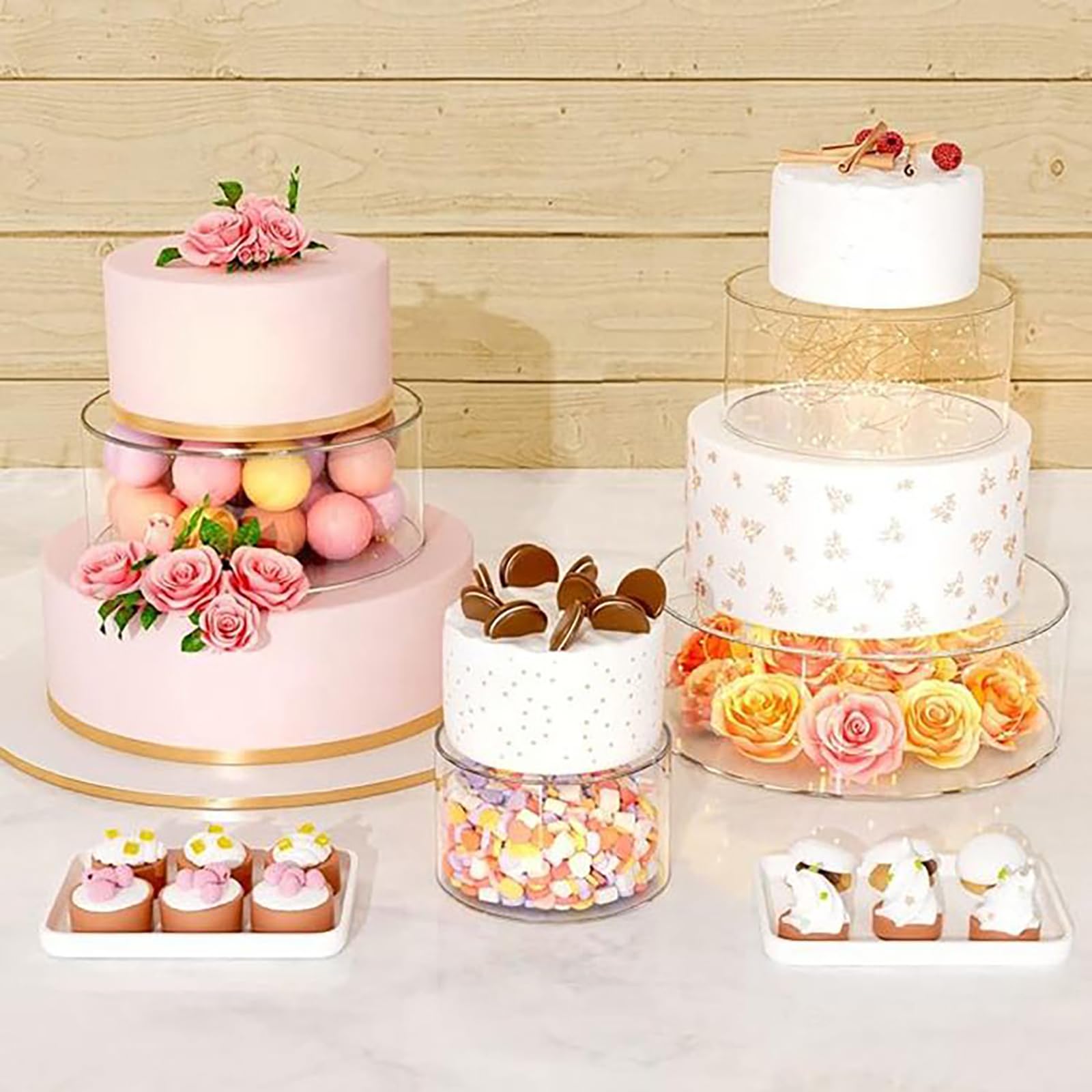 NEWFUN Presentoir Gateau,Présentoir à Gâteaux Transparent en Acrylique Remplissable, Pièce Maîtresse pour Les Fêtes d'anniversaire, 2 Présentoirs à Gâteaux Transparents Remplissables