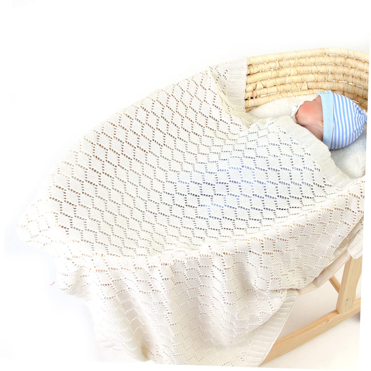 BESTonZON Coperta Neonata Invernale in Cotone Lavorato a Maglia Bianco | Sottile, Traforata, Uso Indoor per Inverno, Finitura Intrecciata Adatta al Bebè