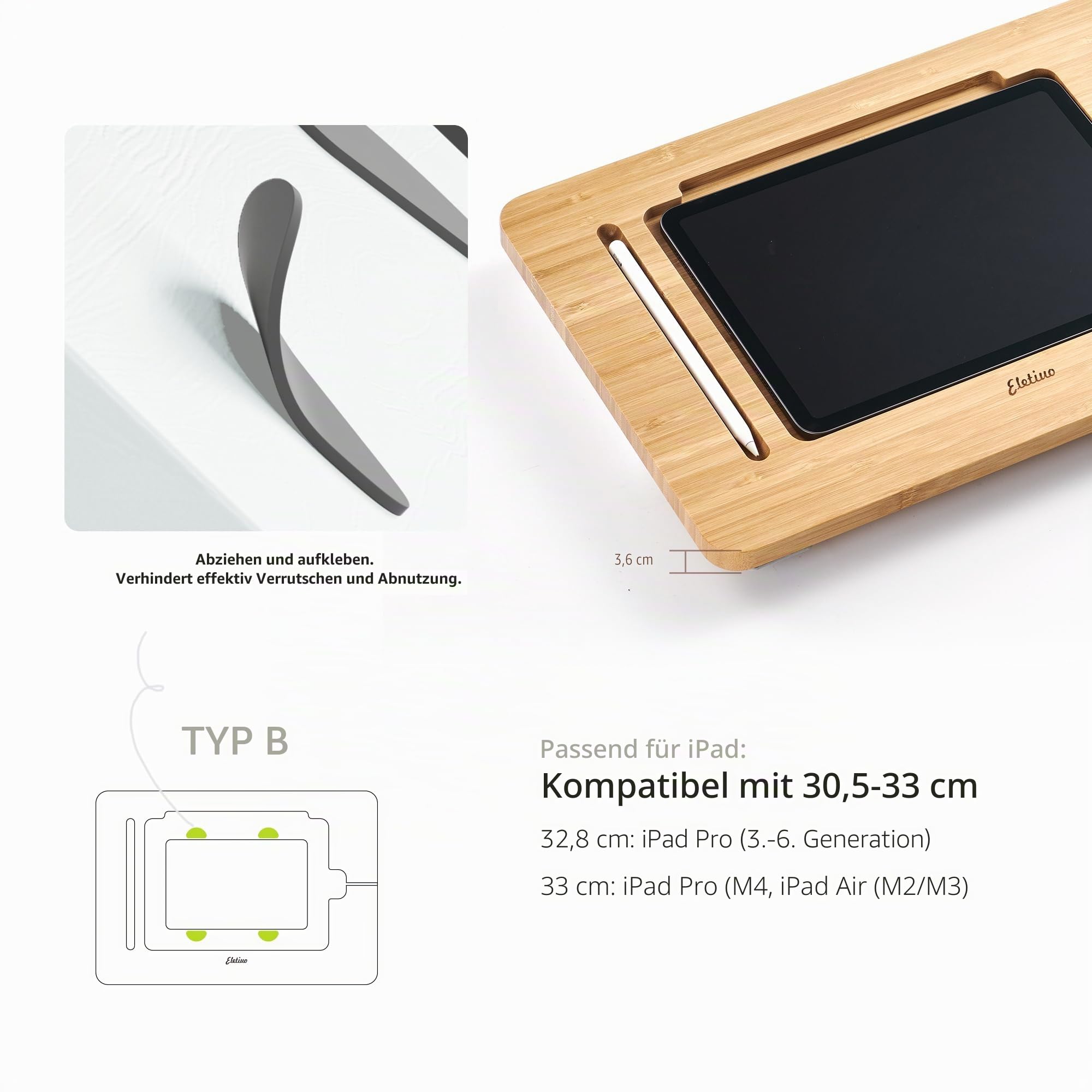 ELETIUO Upgegradeter Bambusholz-Zeichen-iPad-Halter mit Bleistift- & Ladeschlitz, Winkelflexibler Tablett-Desktop-Ständer, Klappbarer Tragegriff, Kompatibel mit 12,9-Zoll iPad Pro 3./4./5. Generation