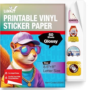 Uinkit 50 Sheets Premium Glossy Printable Vinyl Sticker Paper - Waterproof, Quickly-Dries for Pet Photos & Kids Crafts, Tear-Resistant Decals for Inkjet & Laser Printers Letter Size 8.5"x11"