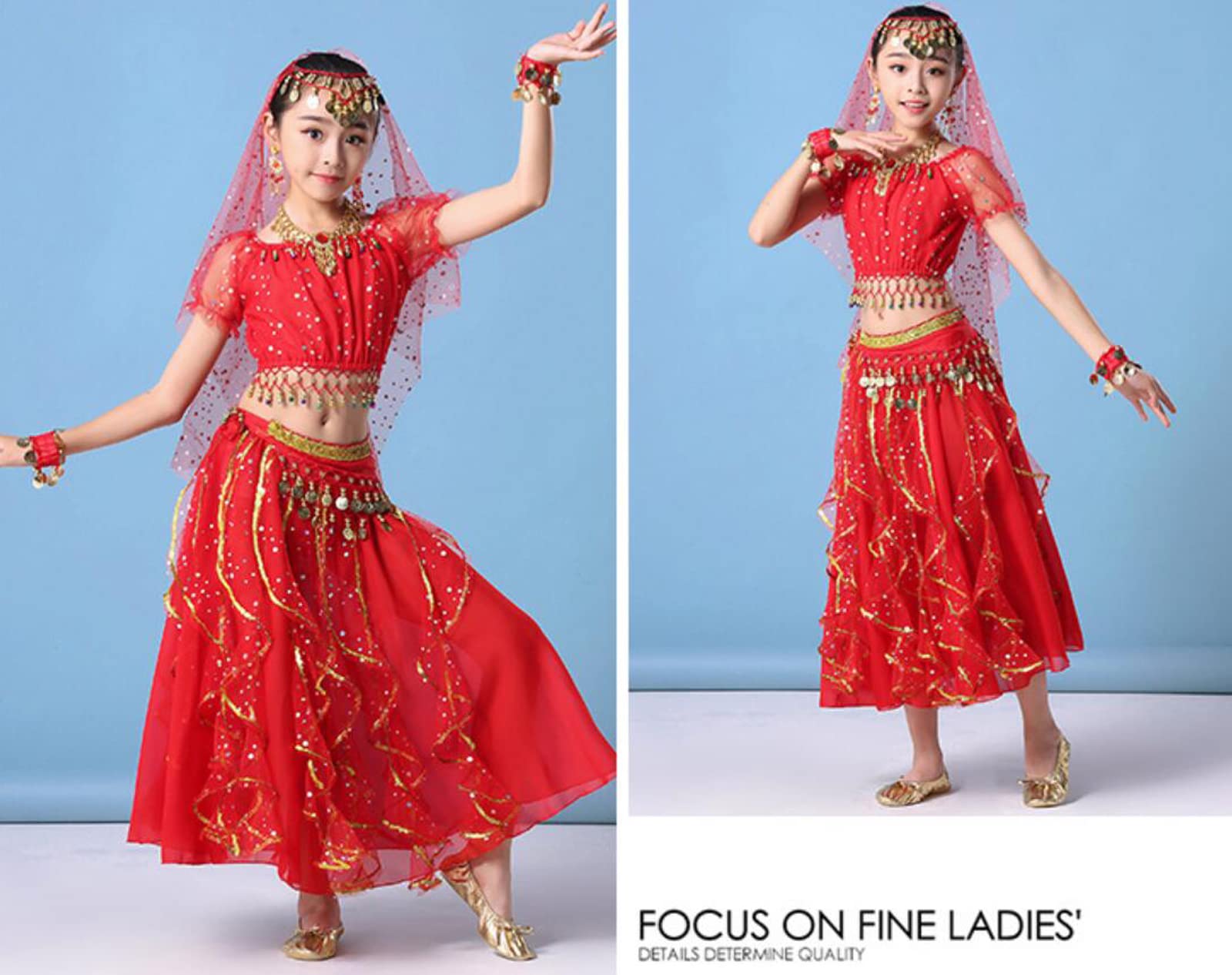 OTMYIGO 5-teiliges Set Mädchen Bauchtanz Pailletten Indian Dance Kostüm Halloween Wear Karneval Sets,Rot,XL