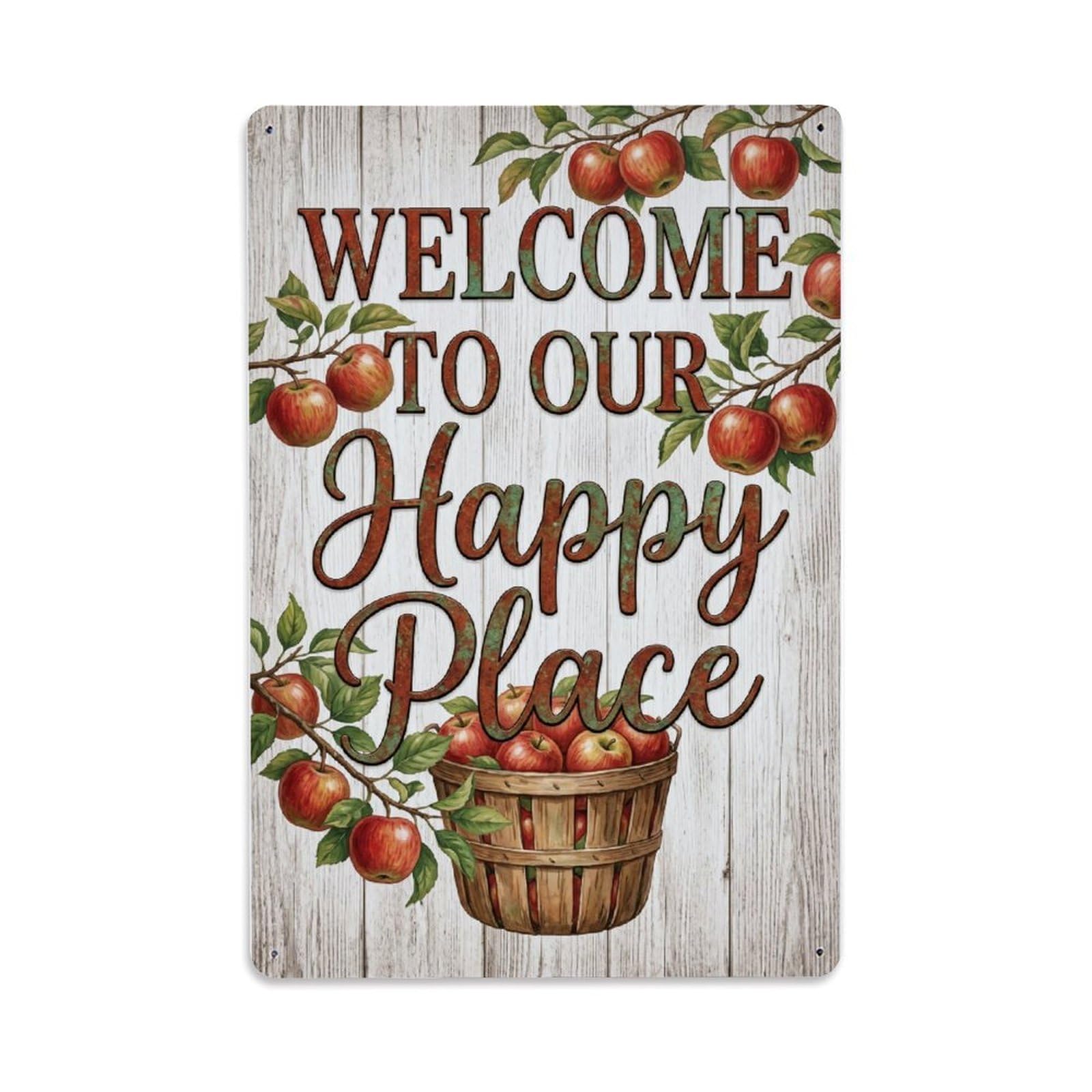 Welcome To Our Happy Place Orchard Harvest Metal Tin Sign Plaque Wall Decor for Cafe, Club Bar, Office, Home Garden Metal Poster 8x12Inch