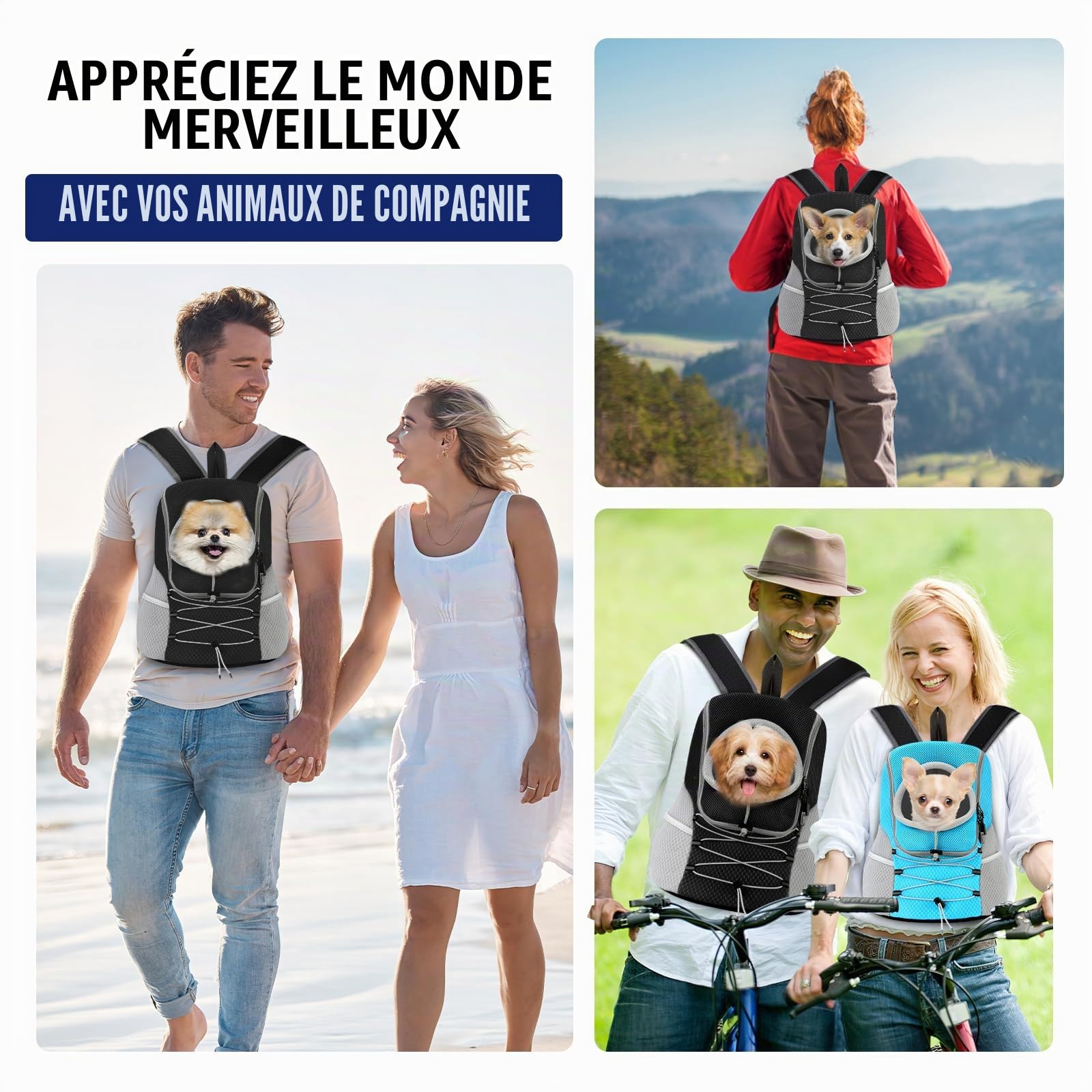 Pawaboo Sac à Dos Réglable pour Chiens, Sac à Voyage pour Animal de Compagnie en Polyester Respirant, Sac de Transport pour Chien Chat avec Ceinture de Sécurité pour Randonnée Extérieur, M/Noir + Gris