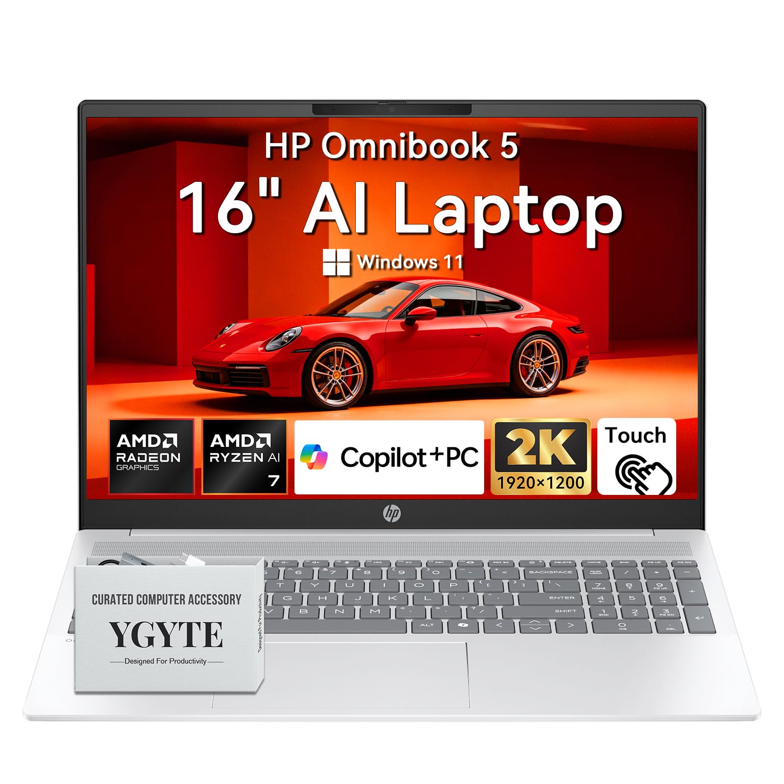 HP OmniBook 5 16" 2K Touchscreen Business Laptop Copilot+ PC – AMD Ryzen AI 7 (Ties i9-13900H), 16GB DDR5, 2TB SSD, Windows 11 Pro, Backlit, 10-Key, USB-C(DisplayPort), HDMI, Multi-Monitor Setup