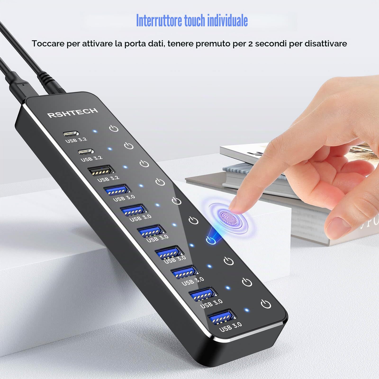 Hub USB alimentato, RSHTECH 10 porte USB 3.2/USB C Hub 60 W con USB-A 3.2 da 10 Gbps, 2 porte USB-C 3.2, 7 porte USB 3.0, interruttori touch individuali e cavo da 1 m, splitter USB ibrido per laptop