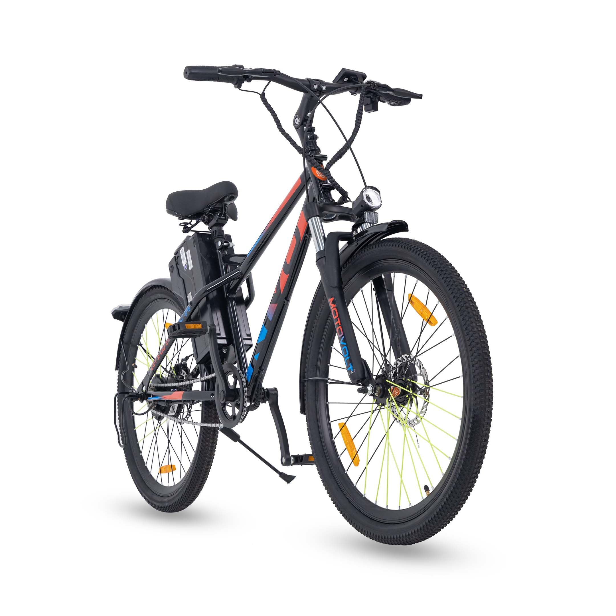 Motovolt Kivo Standard Electric Cycle | 36V 250W BLDC Motor | Up to 45 KM Range | 6Ah Removable Li-ion Battery (IP65, BIS Certified) | 110 kg Payload | Front Suspension | 26” Tyres | Black