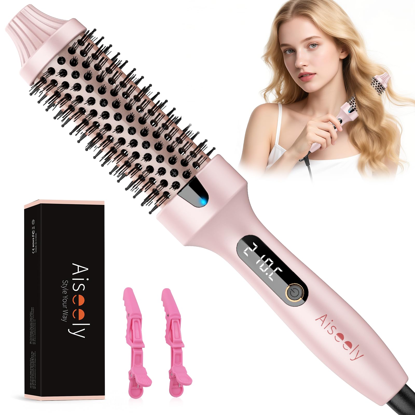 AISEELY Thermal Brush Curling Iron, 1.5 Inch Ceramic Heated Round Brush, Curly and Straight Hair, 6 Temperature Settings, Negative Ion Less Damage, Dual Voltage Hair Tools, Pink