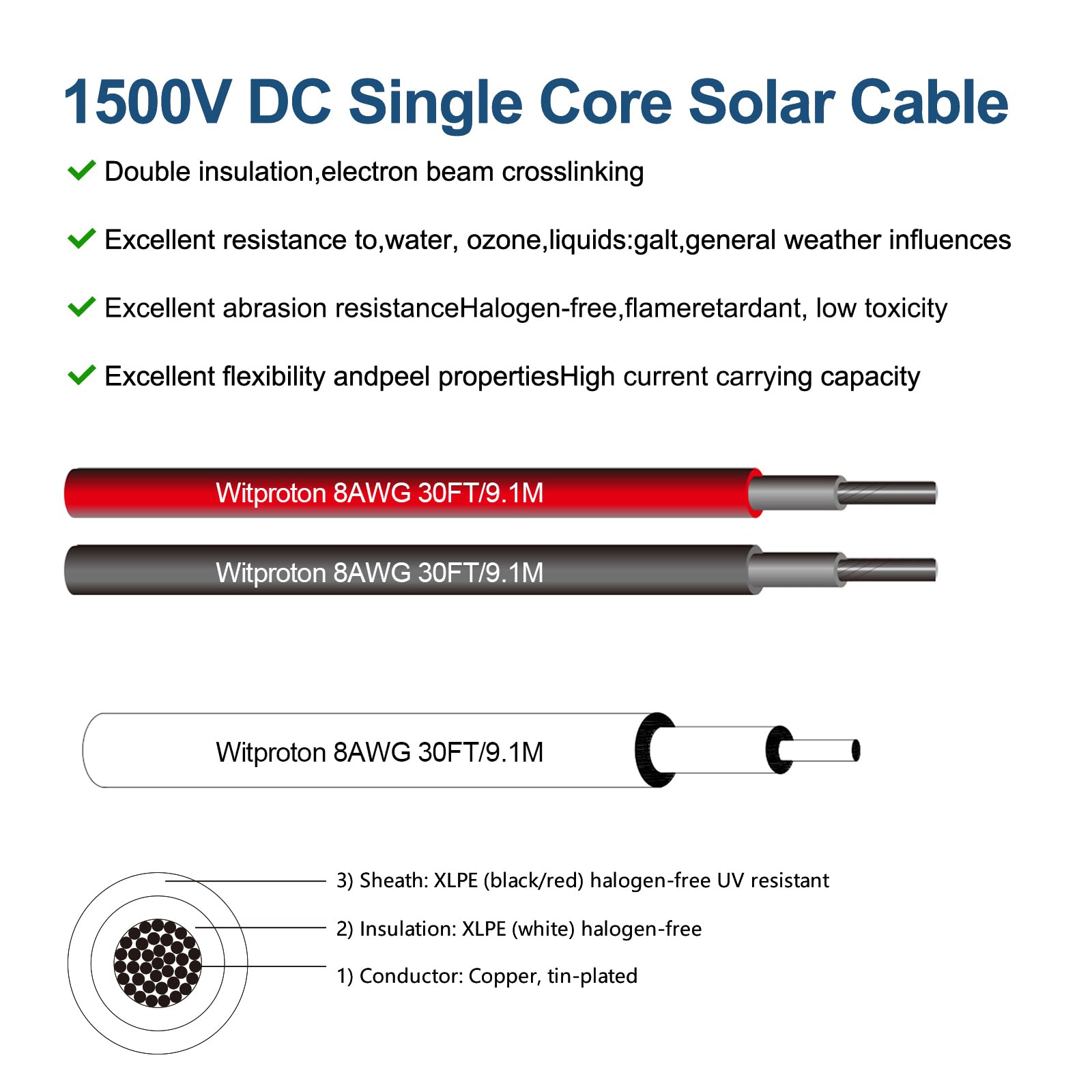 8AWG Solar Extension Cables - 30FT 1500V PV Wires With IP68 Connectors For Solar Panels