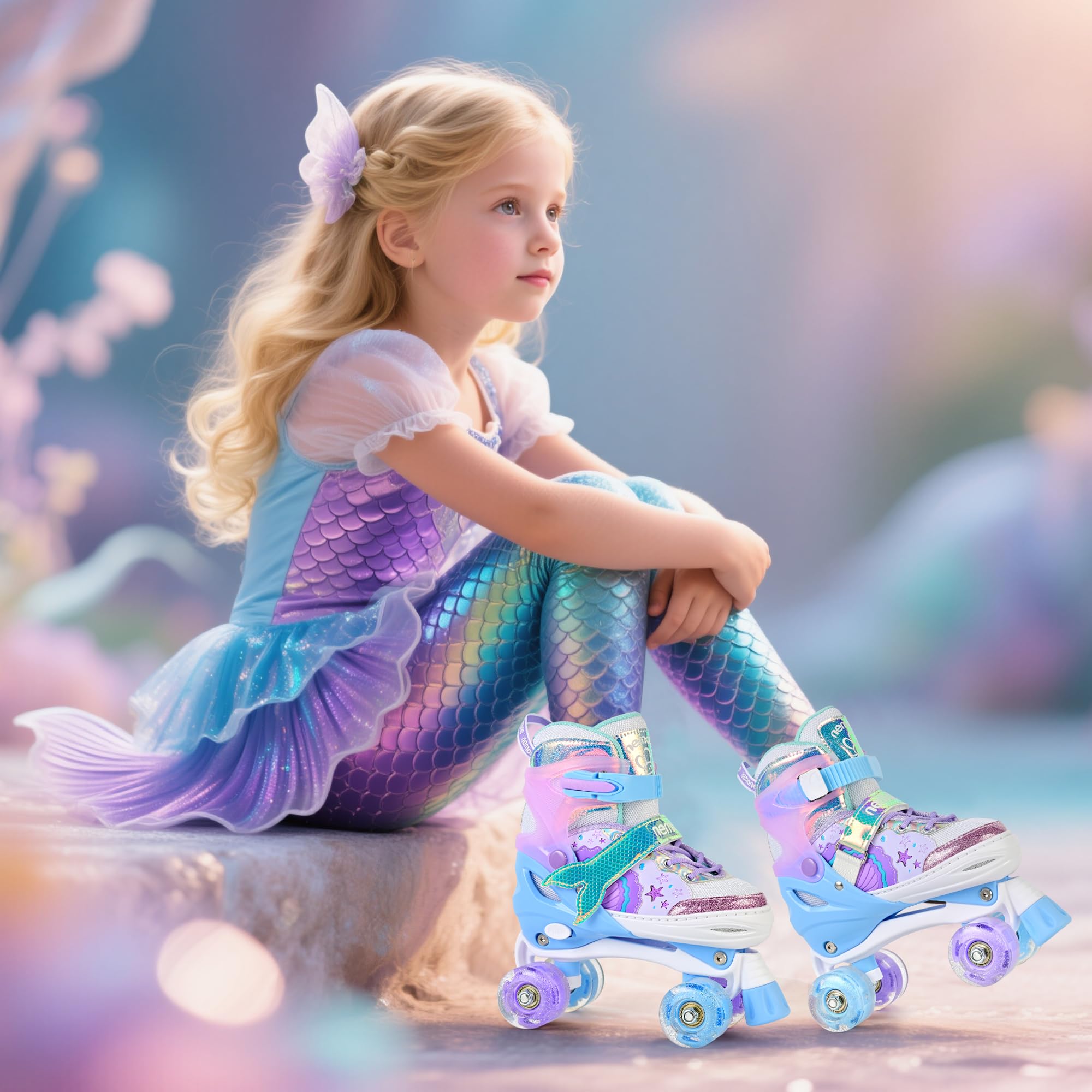NEMONE Mermaid 4 Size Adjustable Light up Roller Skates for Girls, Purple Blue Skates for Toddlers, Beginner Kids Butterfly Roller Skates Indoor Outdoor
