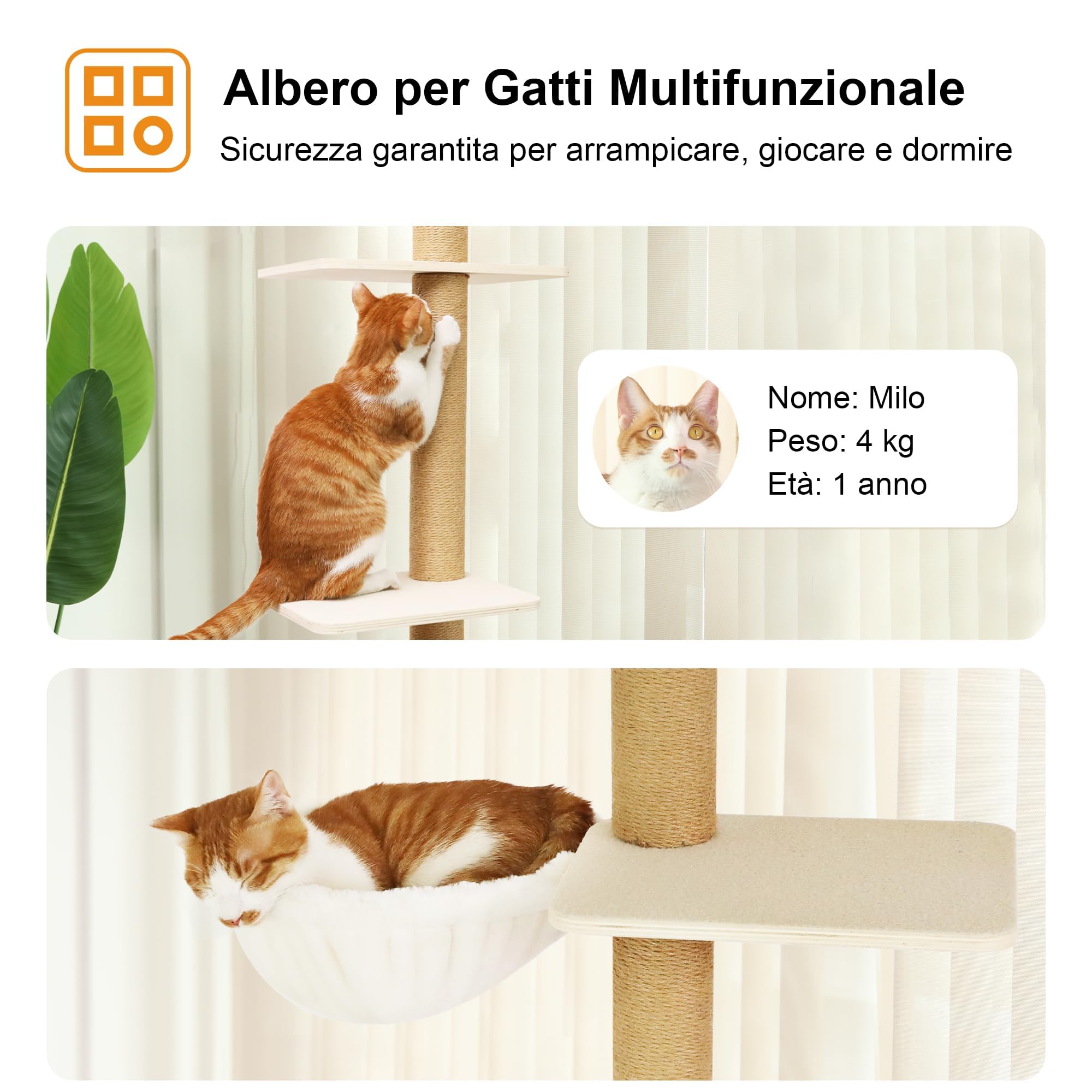 FUKUMARU Torre Tiragraffi per Gatti da Parete, Altezza Regolabile (205-270cm),Tiragraffi da Arrampicata al Soffitto a 4 Livelli, Albero con Colonna Tiragraffi di Sisal, Mensola e Amaca per Gatti