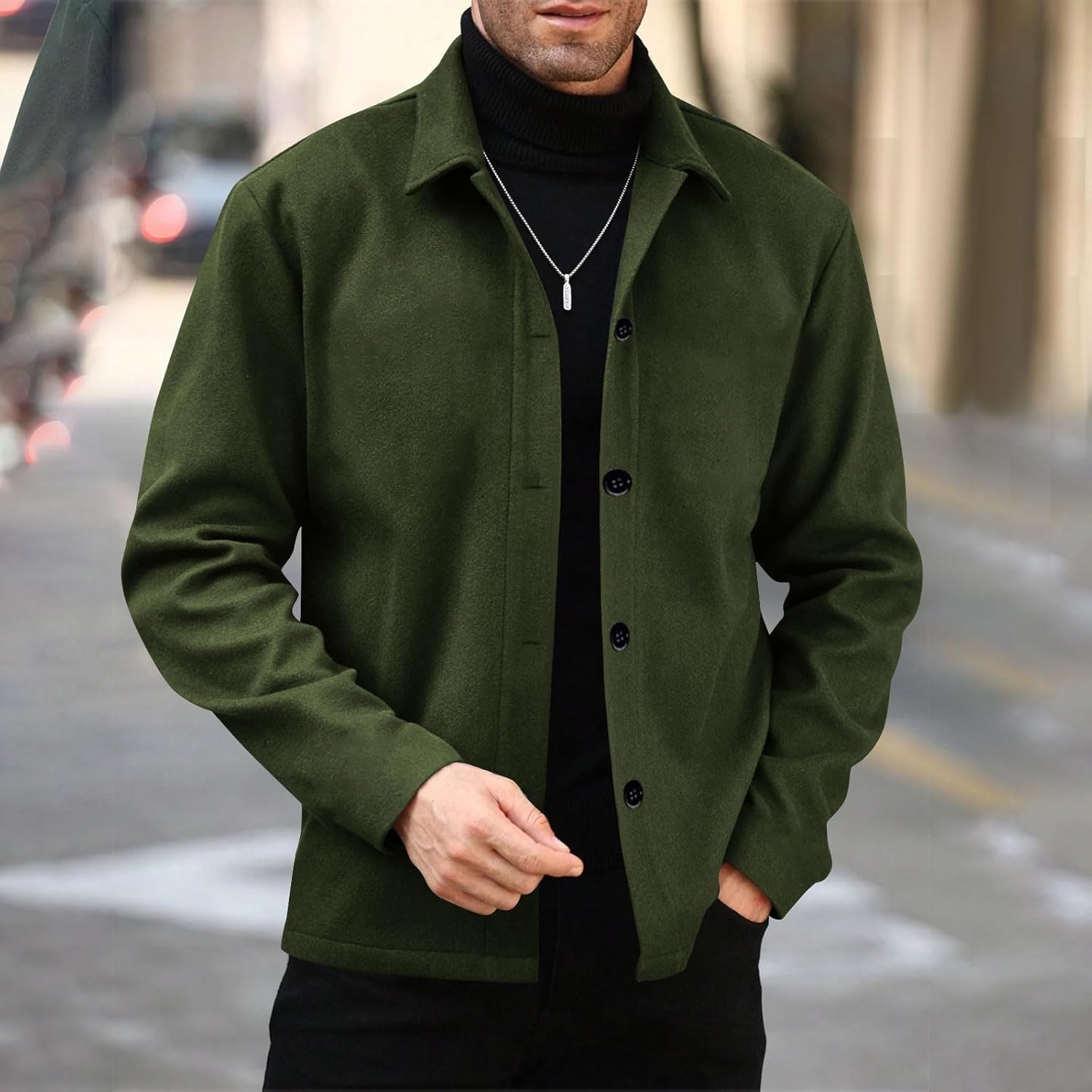 Men Trench Coat Solid Color Woolen Coats Fashion Fall Winter Outerwear Going Out Casual Jackets Lapel Button - Image 9