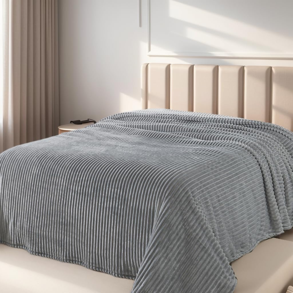 Cuddly Ash Grey Fleece Blanket, Warm and Soft with Striped Pattern for Twin XL Extra Long Bed, 66x90 Inches