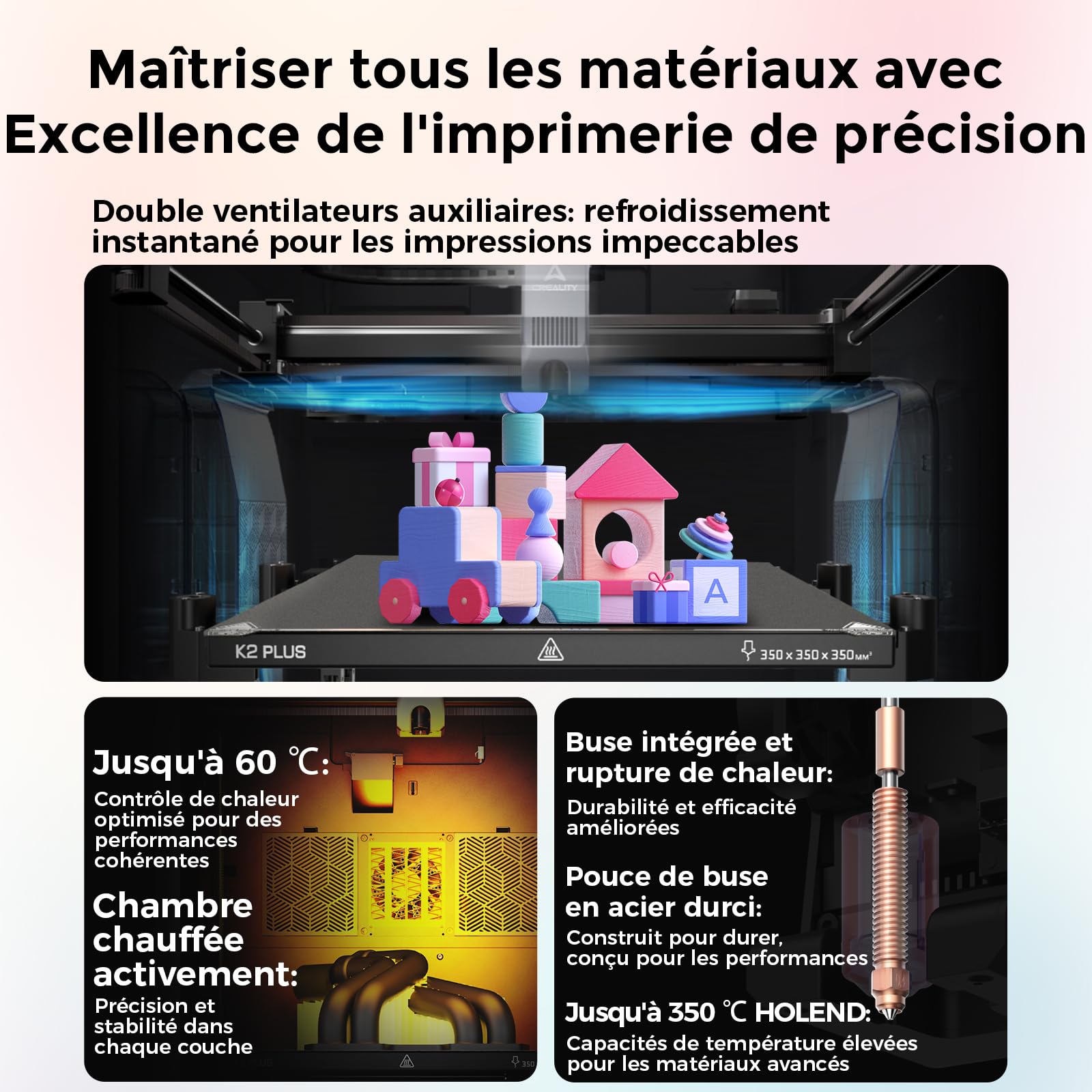Imprimante 3D Creality K2 Plus Combo, Impression Multicolore avec CFS, Vitesse d'impression de 600 mm/s, extrudeuse à entraînement Direct Haute température 350 °C, 13,78 x 13,78 x 13,78 Pouces