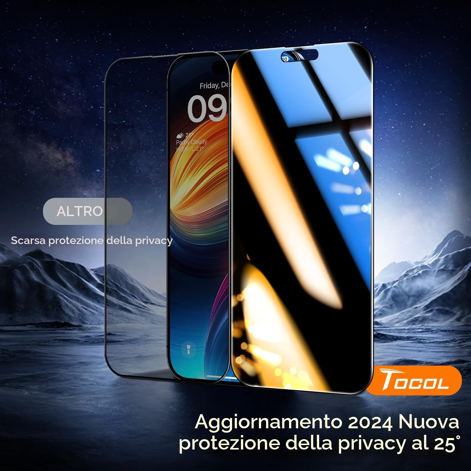 TOCOL Privacy Pellicola Protettiva per iPhone 15 Pro Max 6,7 Pollici, 25° Reali Anti-Spy, Rimozione Automatica Della Polvere, Copertura Completa, Senza Bolle, Durezza 9H, 2 Pezzi