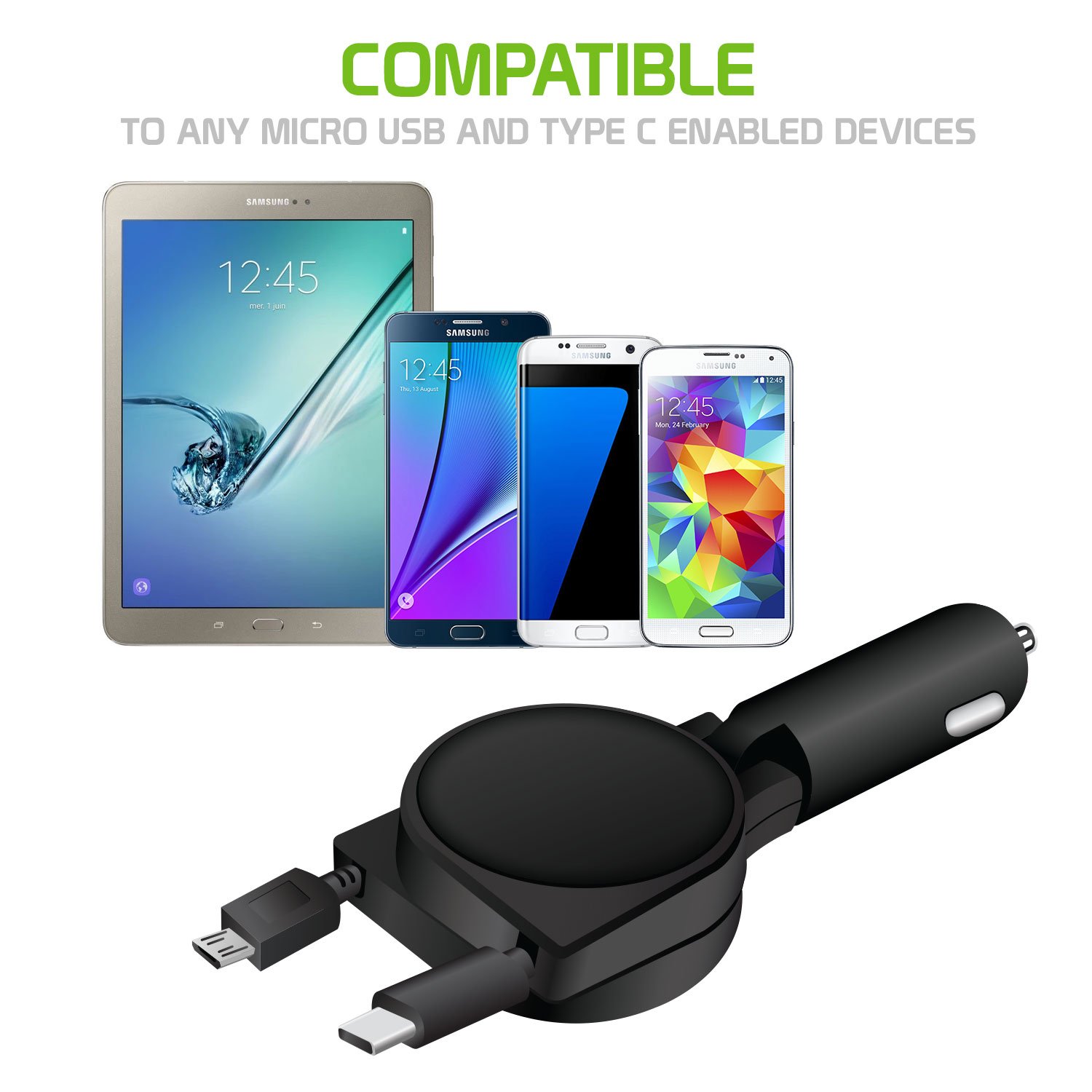 2-in-1 Dual Retractable Car Charger, 15 Watt / 3.1Amp USB Compatible w/Sony Xperia XZ Premium and Any Type C and Micro USB Devices, Retractable 2.5ft. Cords