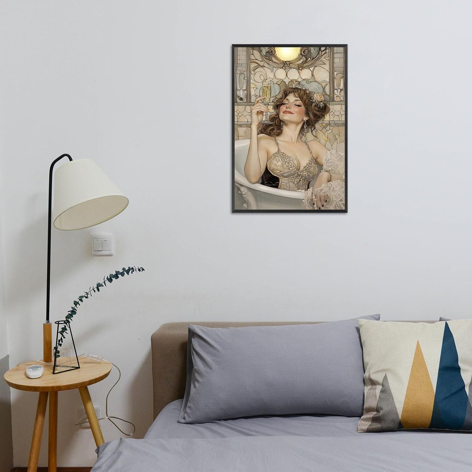 Trendy Bathroom Woman Canvas Posters Elegant Glamour Girly Wall Art Champagne Bath Aesthetic Prints Painting For Living Room Restroom Toilet Wall Decor 24x36in Framed