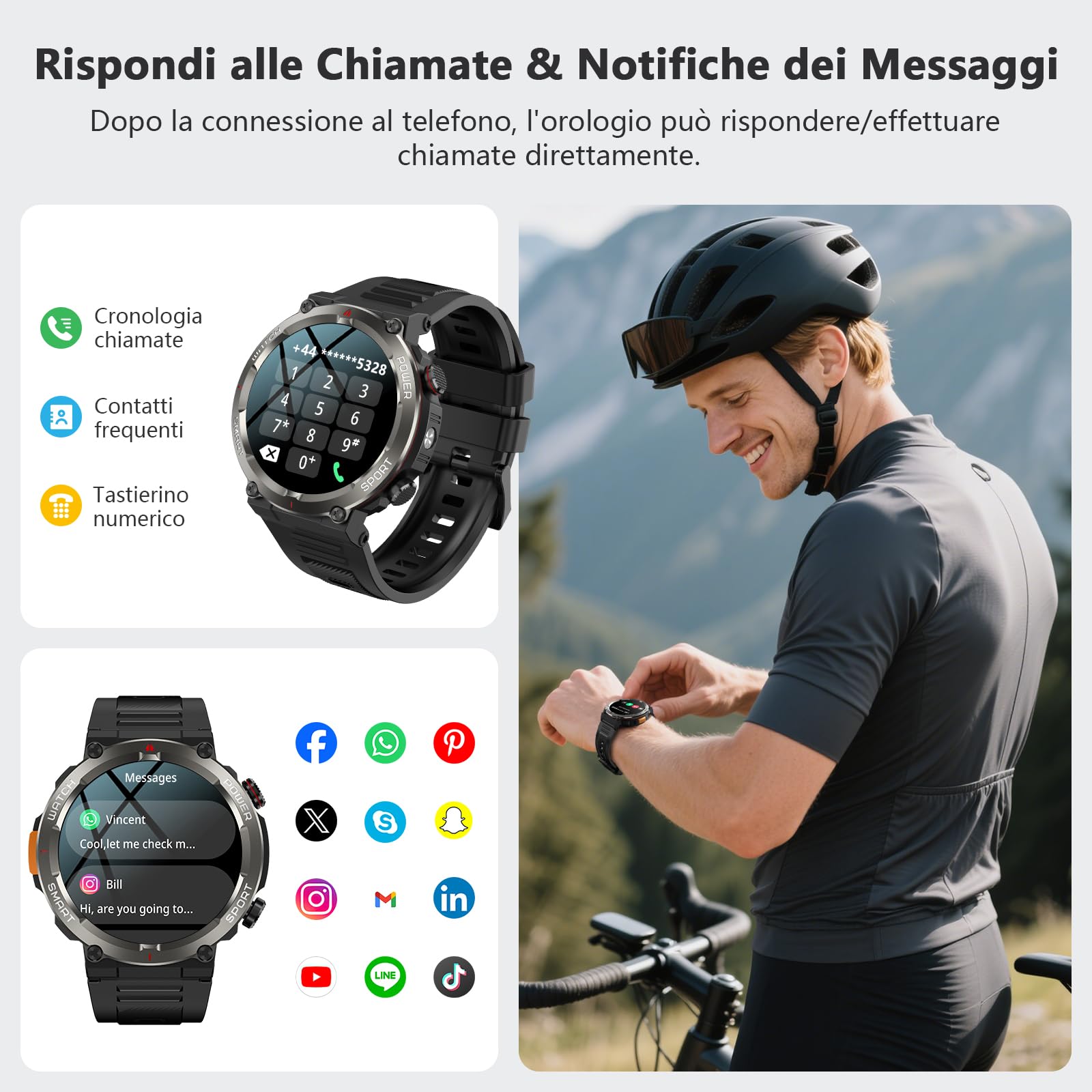 IOWODO Smartwatch Uomo, 1.45" Militari Orologio Intelligente con Torcia Bussola, Batteria 960mAh, IP68 Impermeabile, Orologio Fitness con Chiamate Bluetooth, Cardiofrequenzimetro Sonno, Android iOS