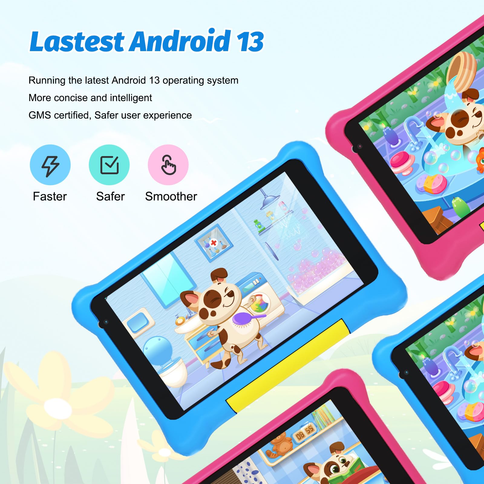Byxsb Tablet per bambini 7 pollici Android 13, con controllo parentale e controllo parentale, Bluetooth, WiFi, doppia fotocamera, GMS, custodia antiurto, applicazioni pre-installate per bambini (Blu)