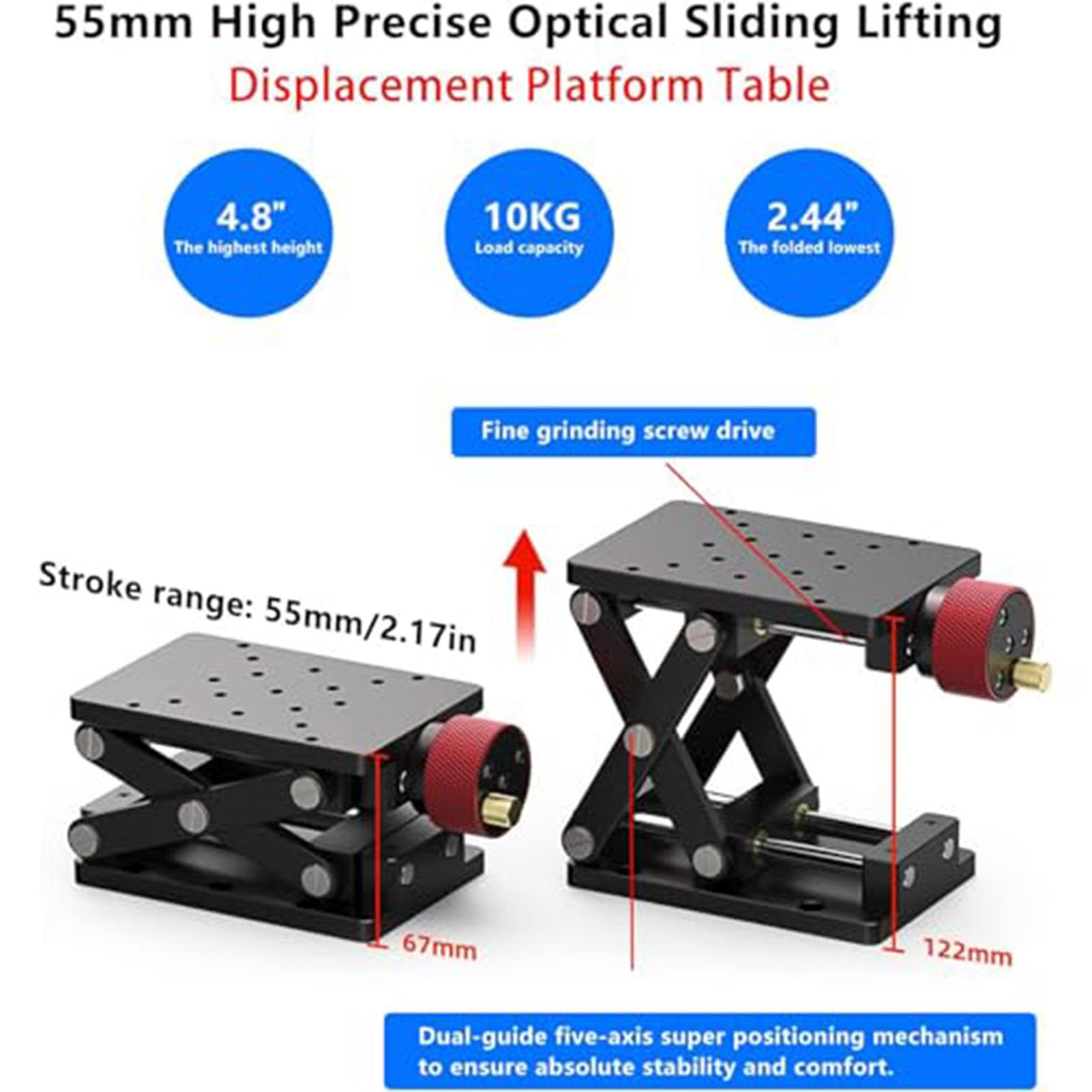 Plataforma de elevación manual de laboratorio, mesa de altura ajustable para maquinaria, gato de laboratorio con construcción de aleación de aluminio, altura máxima: 55 mm