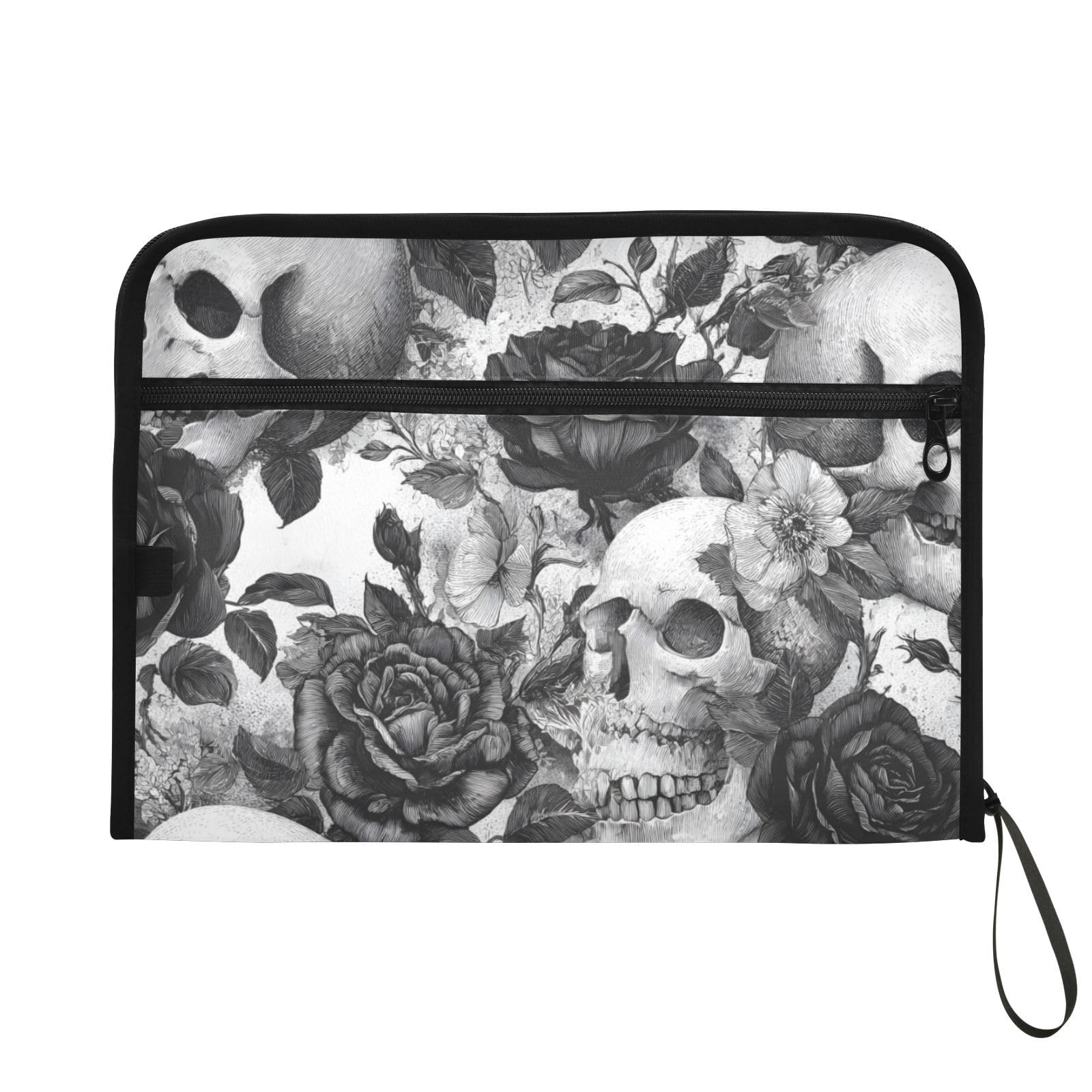 Skull Rose White Expanding Filing Folder, 13 Pocket Expandable Document Organizer Folder with Zipper Closure for Office A4 Letter Size Paper Document