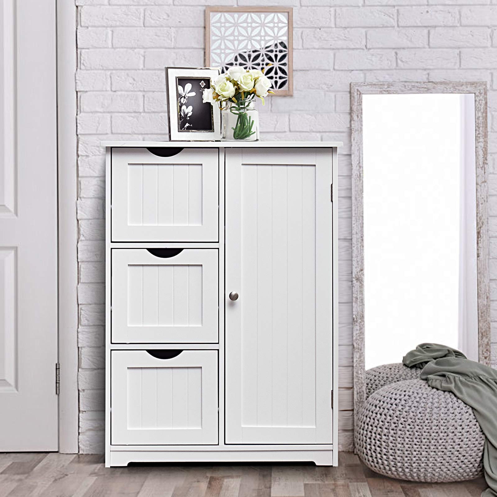 COSTWAY Drewniana szafka łazienkowa, z 3 szufladami i 1 drzwiami, szafka dolna z 3 pozycjami, regulowana półka, szafka do przechowywania do salonu, łazienki, 60 x 30 x 81 cm (biała)