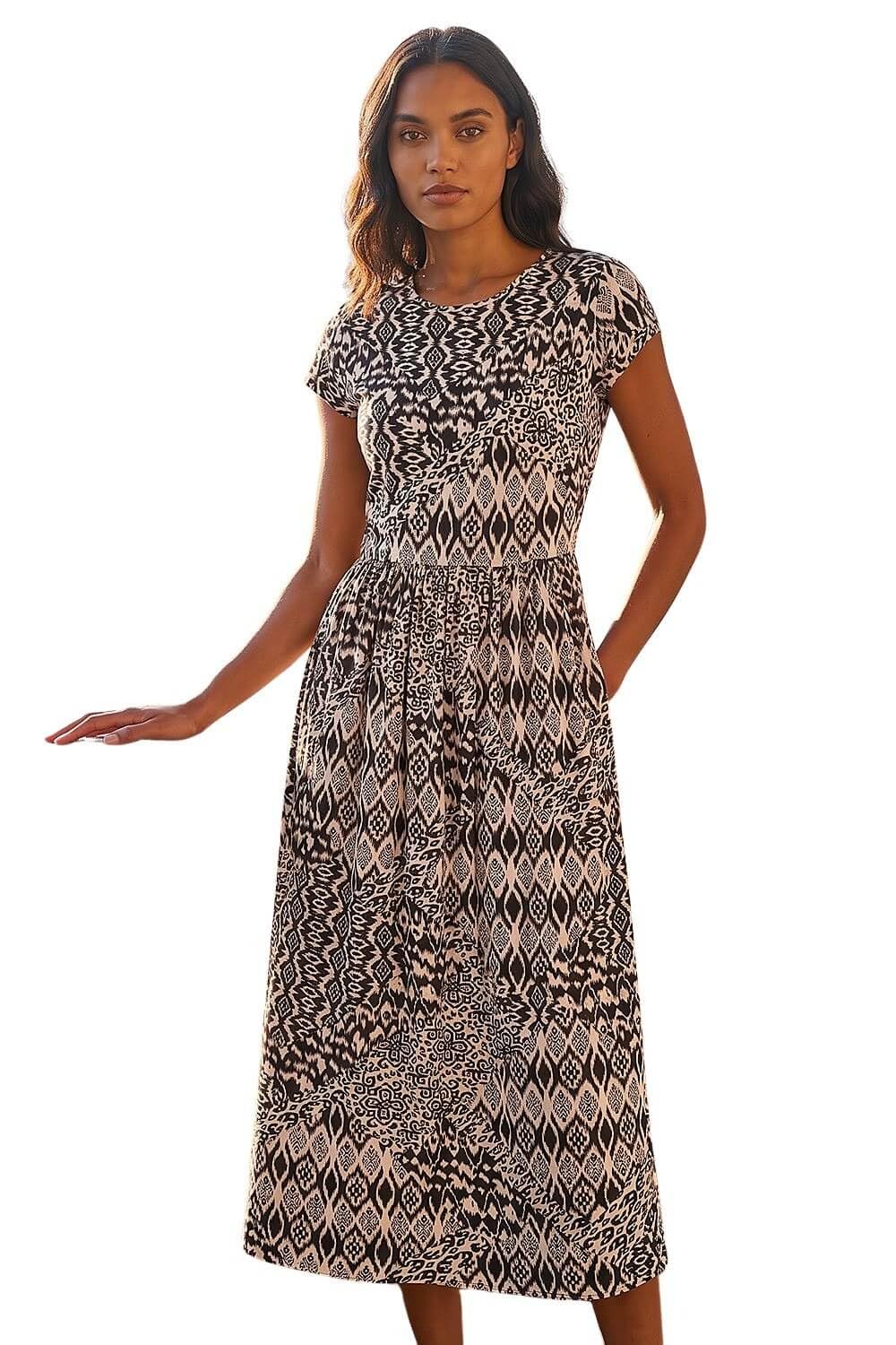 Roman Midi Dress with Pockets for Women UK Ladies Stretchy Jersey Maxi Long Short Sleeve Elasticated Gathered High Waist Boho Flattering Skater Swing Fit Flare - Abstract Black - Size 18