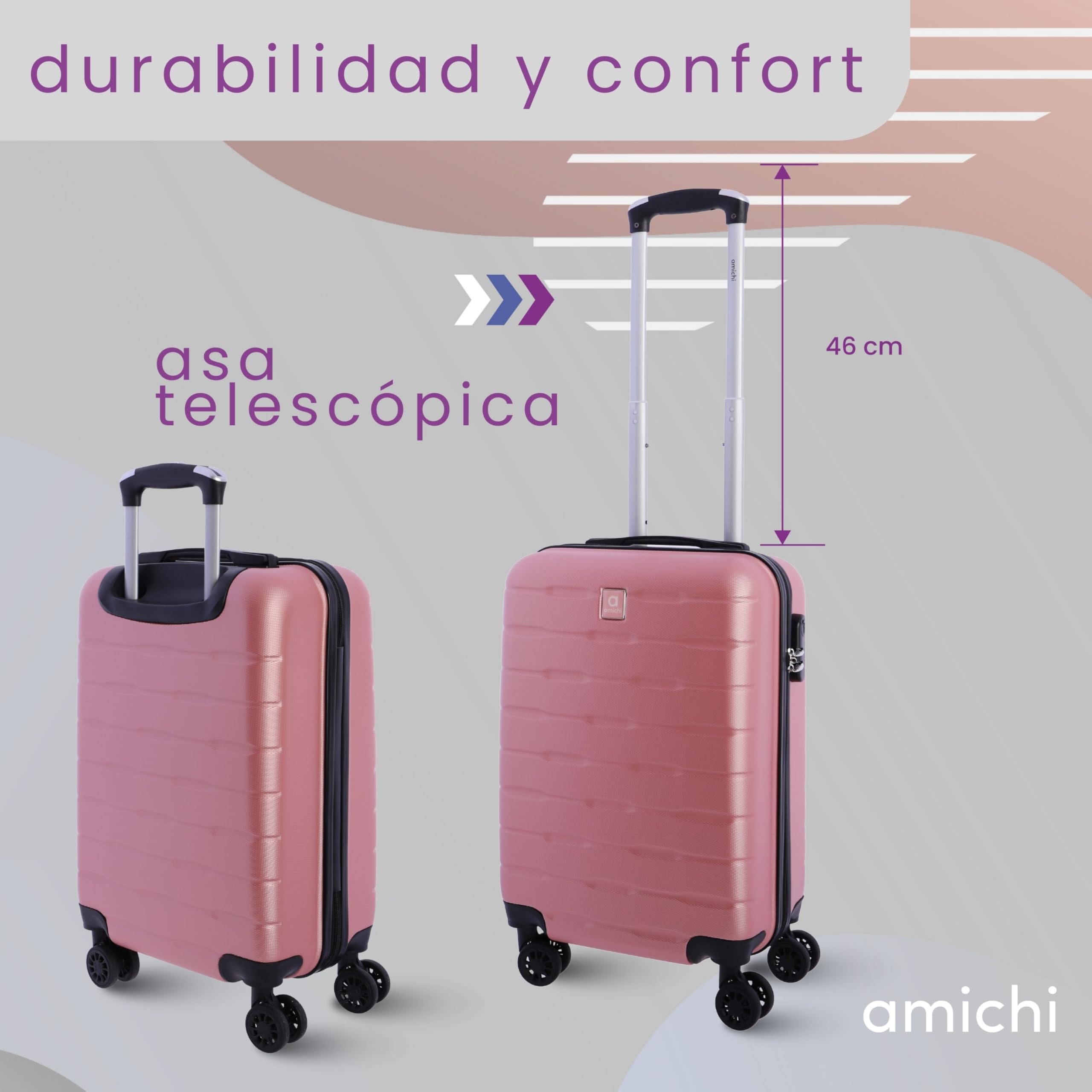 AMICHI - Maletas de Viaje Cabina - Maleta Cabina - Maletas de Viaje - Apta para Ryannair- Trolley Equipaje para Avion Resistente con 4 Ruedas de 360º y candado