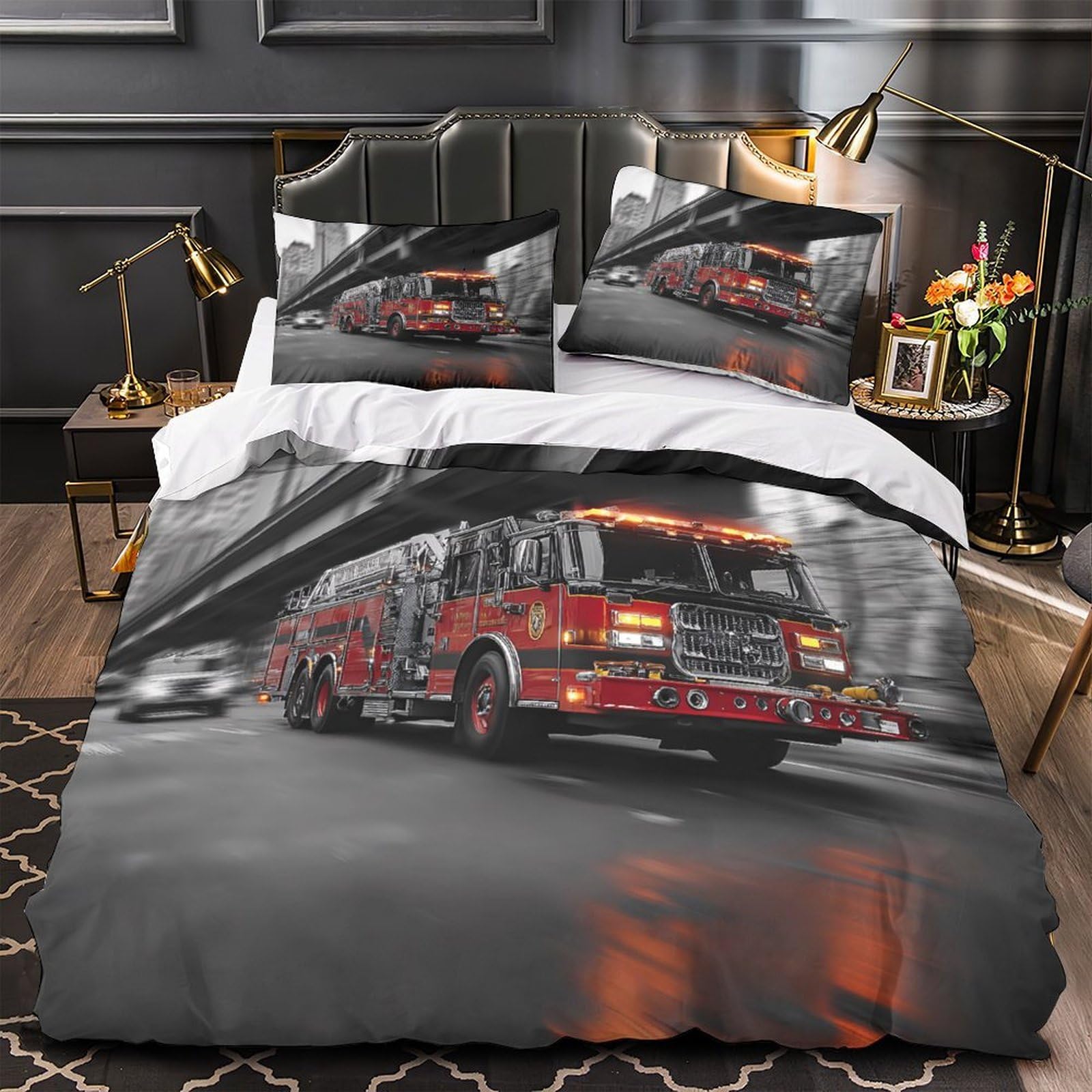 Housse de couette camion de pompiers 200x200 hypoallergénique lit double garçon