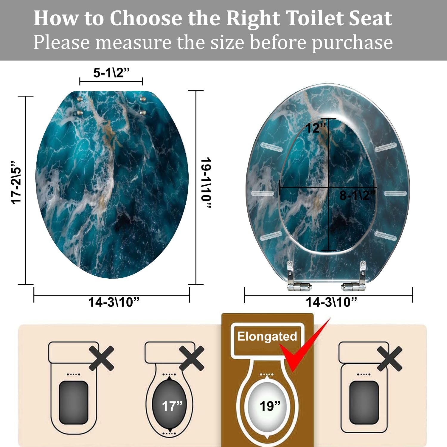 Asiento de inodoro alargado de resina blanca con efecto mármol para baño