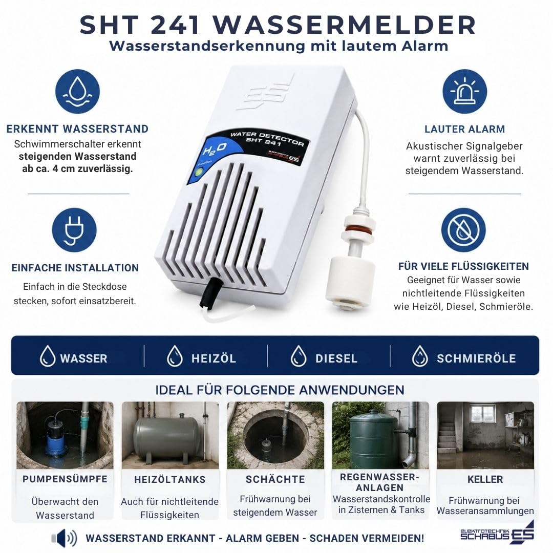 SCHABUS SHT 241 - Detector de Agua de 230 V con Mini Interruptor de Flotador, Alarma acústica y óptica, Cable Sensor de 2,5 m, para Aguas sucias, fuelóleo y cisternas